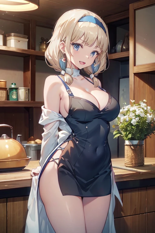 (dynamic angle:1.3, front view:1.1, breast focus:1.3, from below:1.2), (dynamic posing:1.5, sexy posing:1.3, leaning forward), (seductive smiling:1.3),masterpiece, 1girl, (pointed chest:1.3), cleavage:1.1,(double breasted:1.2,under bust:1.2), Amazing Cleavage:1.3, thin waist, big ass, Raised sexy, big breast: 1.2 posed cleavage:1.2、solo, looking at viewer, open mouth, have a grass of beergrass,black hair, blue eyes, bare shoulders, jewelry, collarbone, sidelocks, hairband, earrings, indoors, red off shoulder sweater dress, arms behind back, short hair with long locks, blue white hairband, big side hair, very long side hair is rendered in (masterpiece: 1.2, best quality), with (ultra high resolution) and an exquisite (depth of field). This masterpiece is not only visually stunning but also tells,A scene of cooking in the kitchen