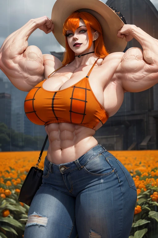 ((((Massive, tall, beautiful, buff, muscular pale white skinned woman with orange hair, black lipstick, ginormous bulky muscles and wearing a orange plaid bra and tight denim pants)))), ((cowboy hat)), (close view), black eyeliner, massive muscles, massive biceps, hyper muscle triceps, (long shaggy hair), green eyes, (cowboy boots and spurs), in a heavy raining cornfield, nighttime, sensual smile, (hyper muscles arms), hyper muscle legs, (massive arms)