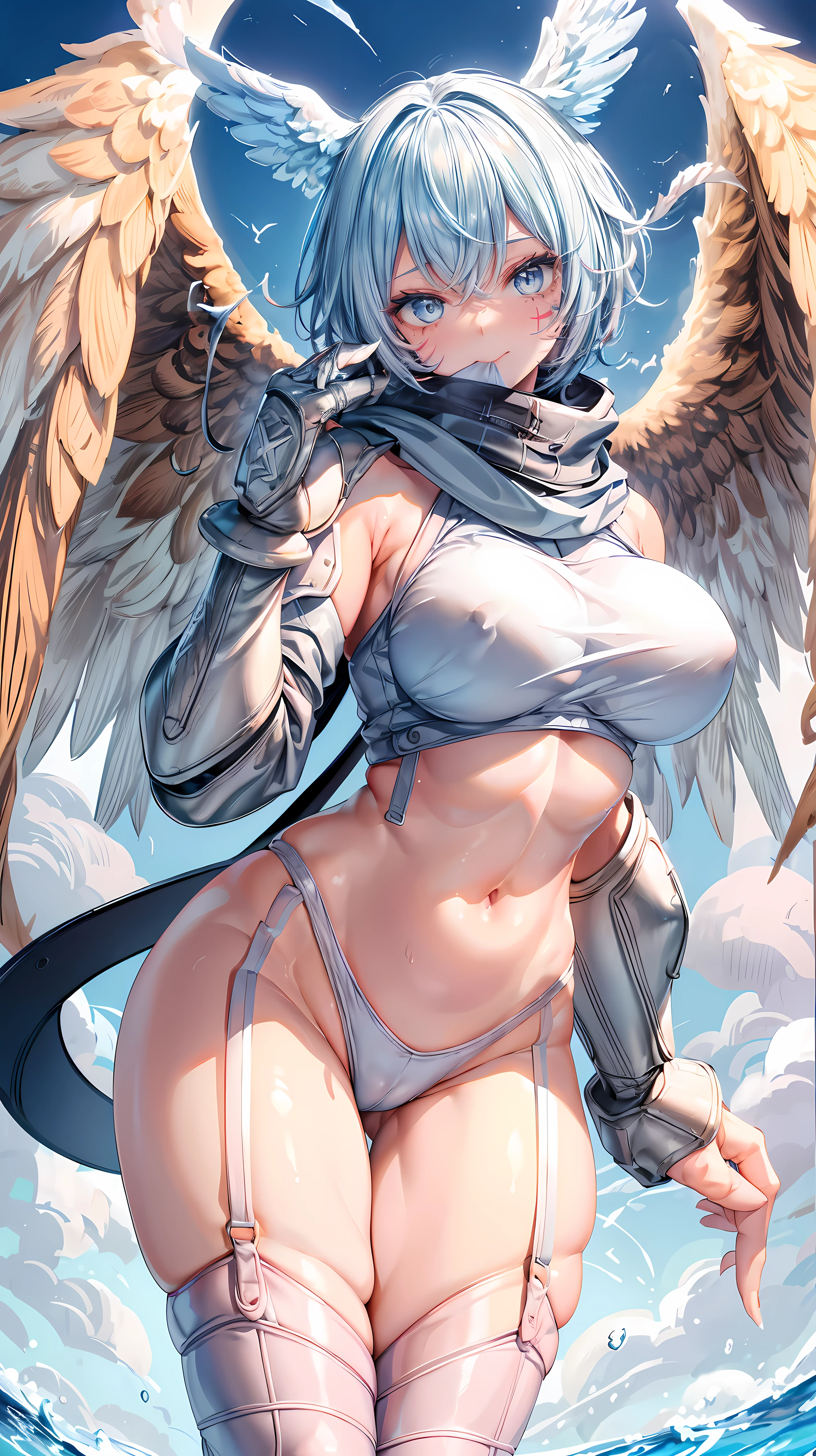 Very detailed、highest quality、Best image quality、masterpiece、8k、Anime Face、A kind smile、Sparkling blue eyes、Light blue hair、(Big Breasts:1.5)、shutumon、Cowboy Shot、(highleg:1.5)、Claw Hand、shy,scarf,big head wings,(mouth mask),(facial mark:1.3),midriff,leash,White paw footwear,(White sweatshirt:1.5),(garter straps),big brown feathered wings,scarf,White thighhighs,hand of guido daniele