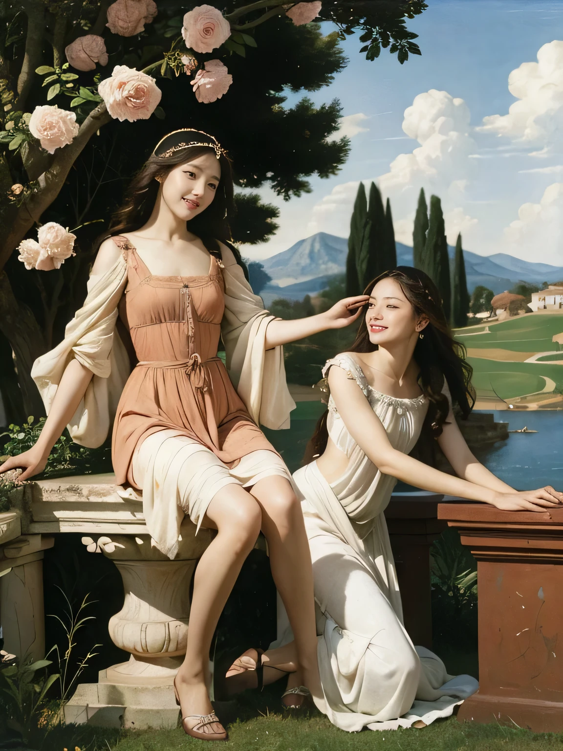 full body portrait or statue、Sandro Botticelli painting style,Arguments of two female Philosophe,math、astronomical machine、astronaut、roses in vase、fruits、Cute trinkets、smile、ancient greek costume、Ancient Roman landscape in the style of Nicolas Poussin,laughter,,Sweet and seductive appearance.、Caravaggio's paintings、Chiaroscuro of Caravaggio、hair tousled by the wind,Two women frolicking,cute smile, expression of ecstasy,Sexy,erotic