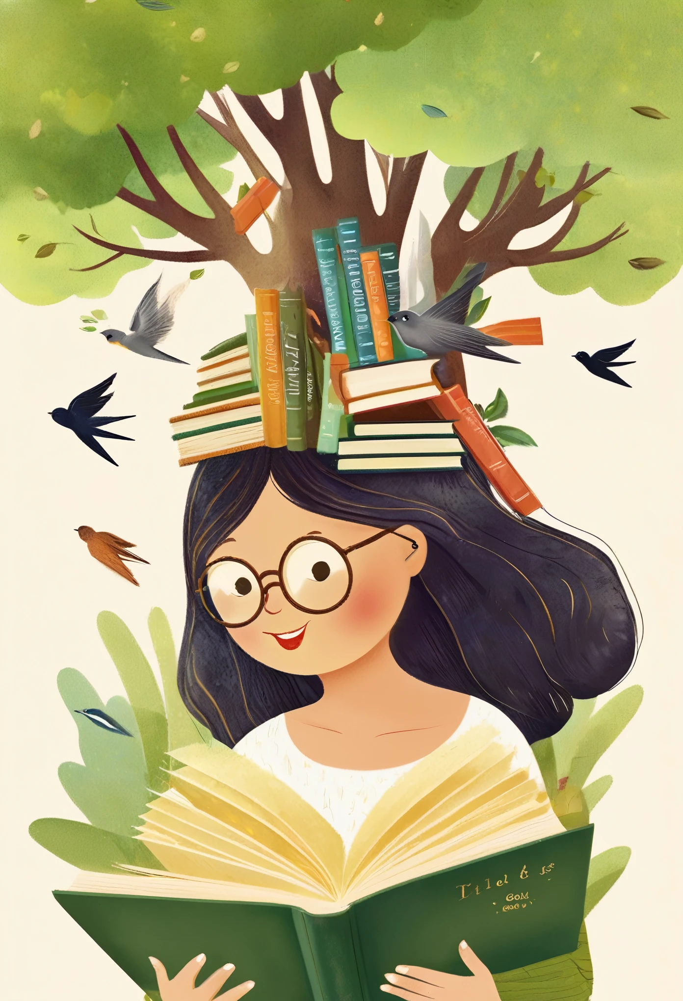 Digital illustration art, Funny illustration decorated with many books, Trees, Pen, A little swallow, ETC. On her head. Her hair is composed of many books and Trees, and the background is green Trees and hills (The background blends in with the ***********&#39;s hair). Surrounded on both sides, it evokes the allure of enchanting nature. White background, chinese calligraphy whimper, Vivid Ferdinand Dupuygokdo Nizovtsev, retro tone, shiny, reflective, best number, 8K, HD, High resolution, Double Exposure, Beautiful digital illustrations，teacher