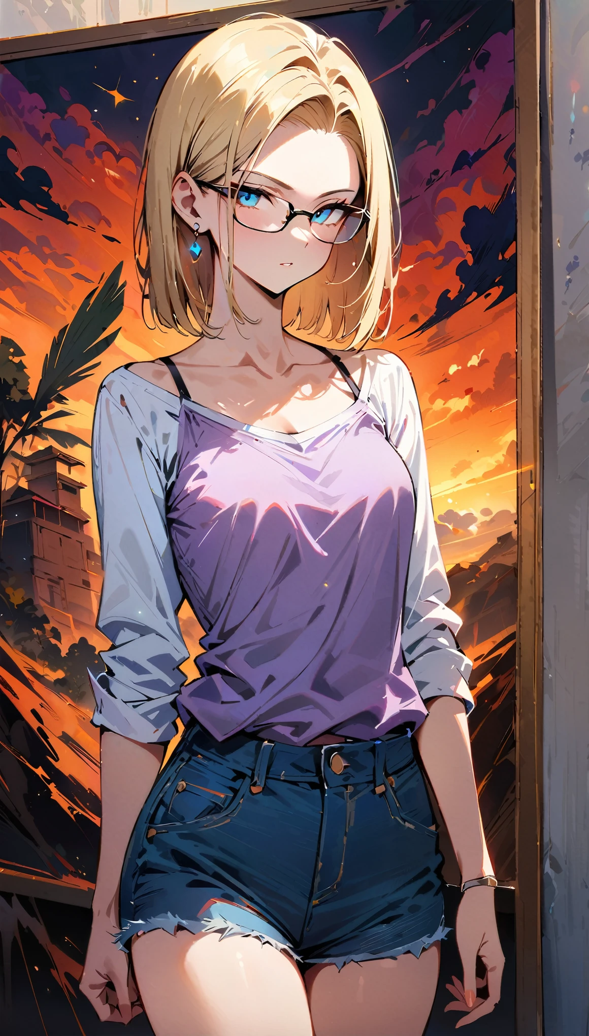 (masterpiece, best quality:1.2), shot from waist up showing only collarbone, solo, Android 18 from Dragon Ball, standing in an art gallery, white collared Y-shirt tucked into denim shorts, vibrant purple camisole for inner shirt, short blonde hair loose, blue eyes focused on paintings, earrings on earlobes, slender feminine figure, narrow waistline, art gallery background with bright lighting, looking at paintings, wearing glasses, 4K