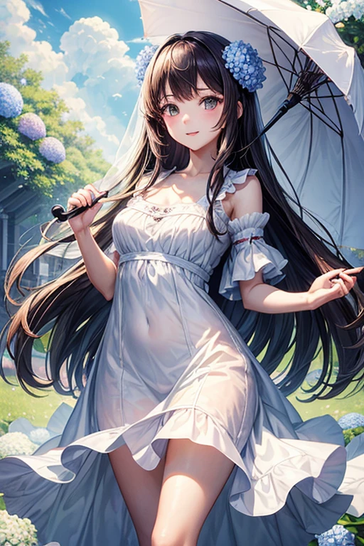 highest quality、masterpiece、8k、Sharp focus, Beautiful woman with perfect figure,One Girl、A long-haired girl wearing a white mini summer dress walking along the approach to a temple where hydrangeas are blooming、Holding a parasol in his right hand、Holding a parasol、Pretty girl、Toned body、Medium chest、 A light smile,