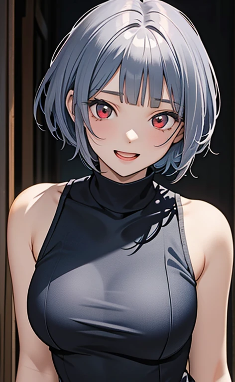 (masterpiece:1.4、top-quality、illustration)、(character focus、,upper body:1.3)、(face:1.5),(1girl),(Open mouth fingersmile:1.2),(Beautiful eyes:1.4),cute face,(red eyes:1.3)、(tareme:1.3)、(:1.3),
),(stand:1.4),、(),(),
(blue grey hair),(short hair:1.5)、
,(),(sleeveless turtleneck china dress:1.5),
(blunt bangs),(sidelocks:1.3), (large breasts)、
、slender、zydG