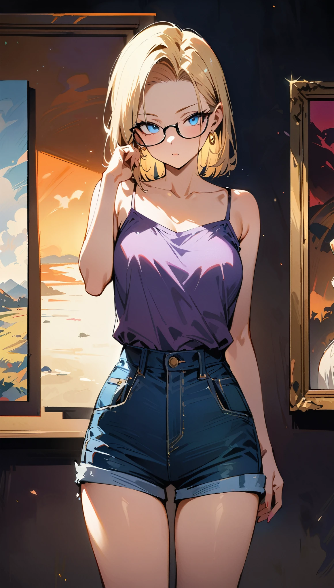 (masterpiece, best quality:1.2), shot from knees up showing only collarbone, solo, Android 18 from Dragon Ball, standing in an art gallery, white collared Y-shirt tucked into denim shorts, vibrant purple camisole for inner shirt, short blonde hair loose, blue eyes focused on paintings, earrings on earlobes, slender feminine figure, narrow waistline, art gallery background with bright lighting, looking at paintings, wearing glasses, 4K