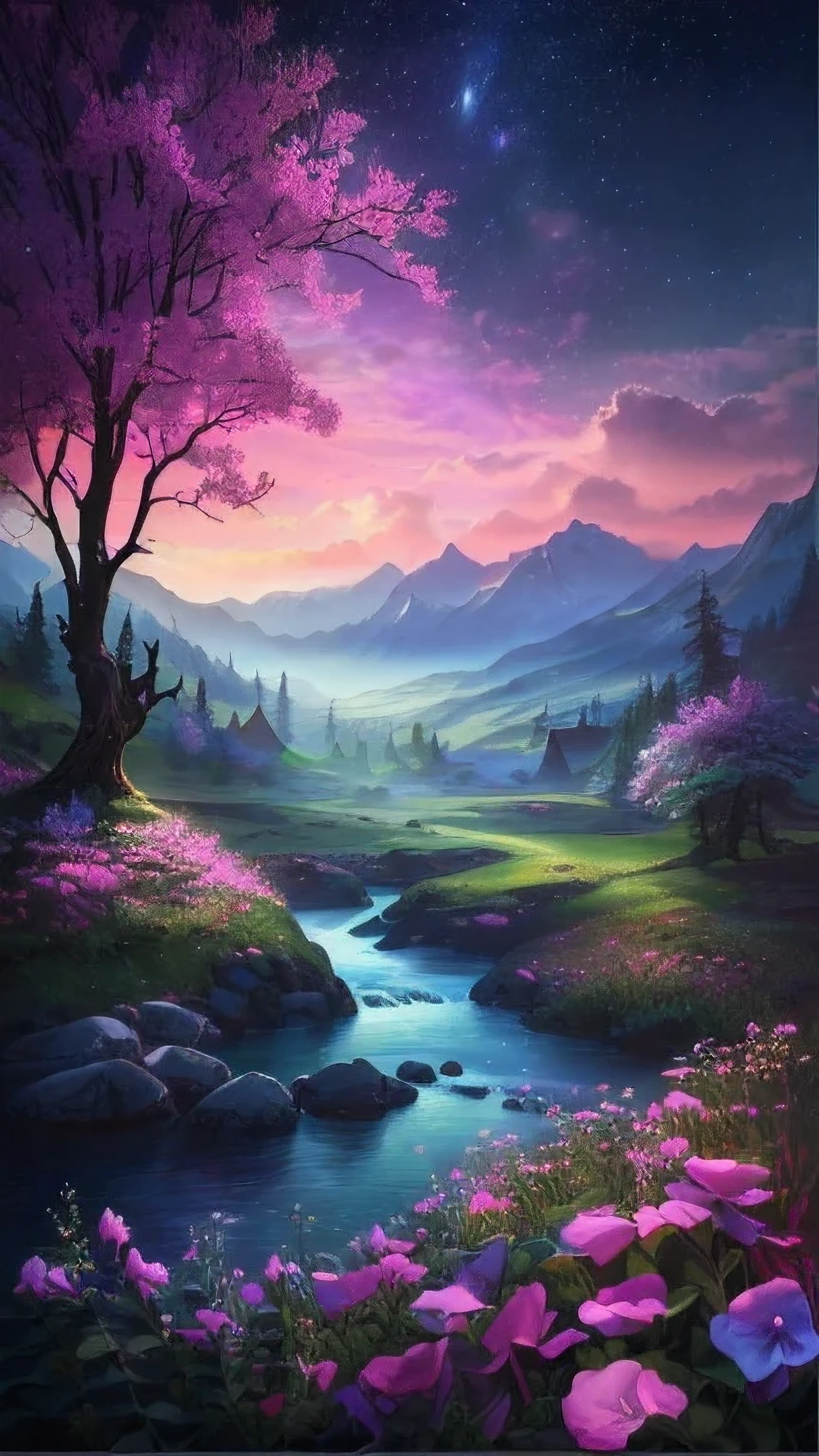 A painting of a beautiful mountain landscape with a river and trees, Magical Landscapes, Dreamy landscape, Fantasy Art Landscape, Fantasy Landscape painting, dream scenery art, mystical Fantasy Landscape, whimsical Fantasy Landscape art, Fantasy Landscape, Landscape painting, Serene landscape, fantasy digital painting, beautiful Dreamy landscape, Beautiful Art UHD 4K, Beautiful Landscape, epic dreamlike Fantasy Landscape