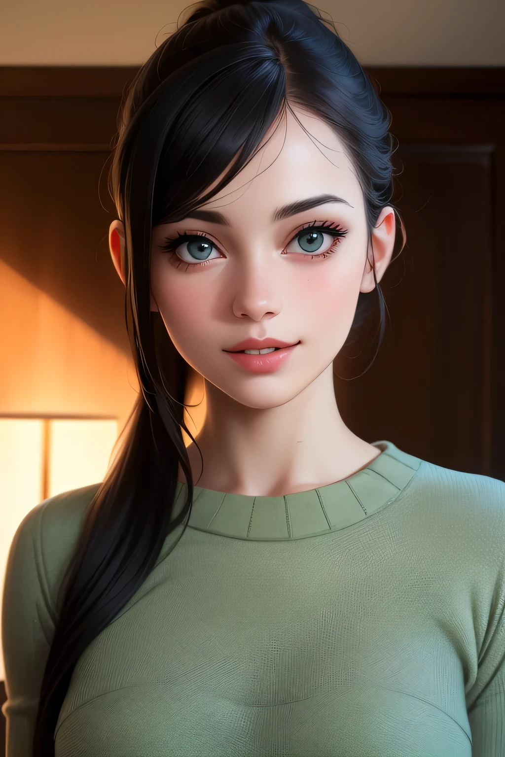 (best quality,highres,masterpiece:1.2),ultra-detailed,(realistic,photorealistic,photo-realistic:1.37),portraits,vivid colors,beautiful detailed eyes,beautiful detailed lips,elegant pose,dark green sweater,cream cargo pants,long black hair,cute ponytail,soft lips,blushing intensely,smiling, seductive gaze,medium chest,perfect body,shadows and highlights,vibrant lighting