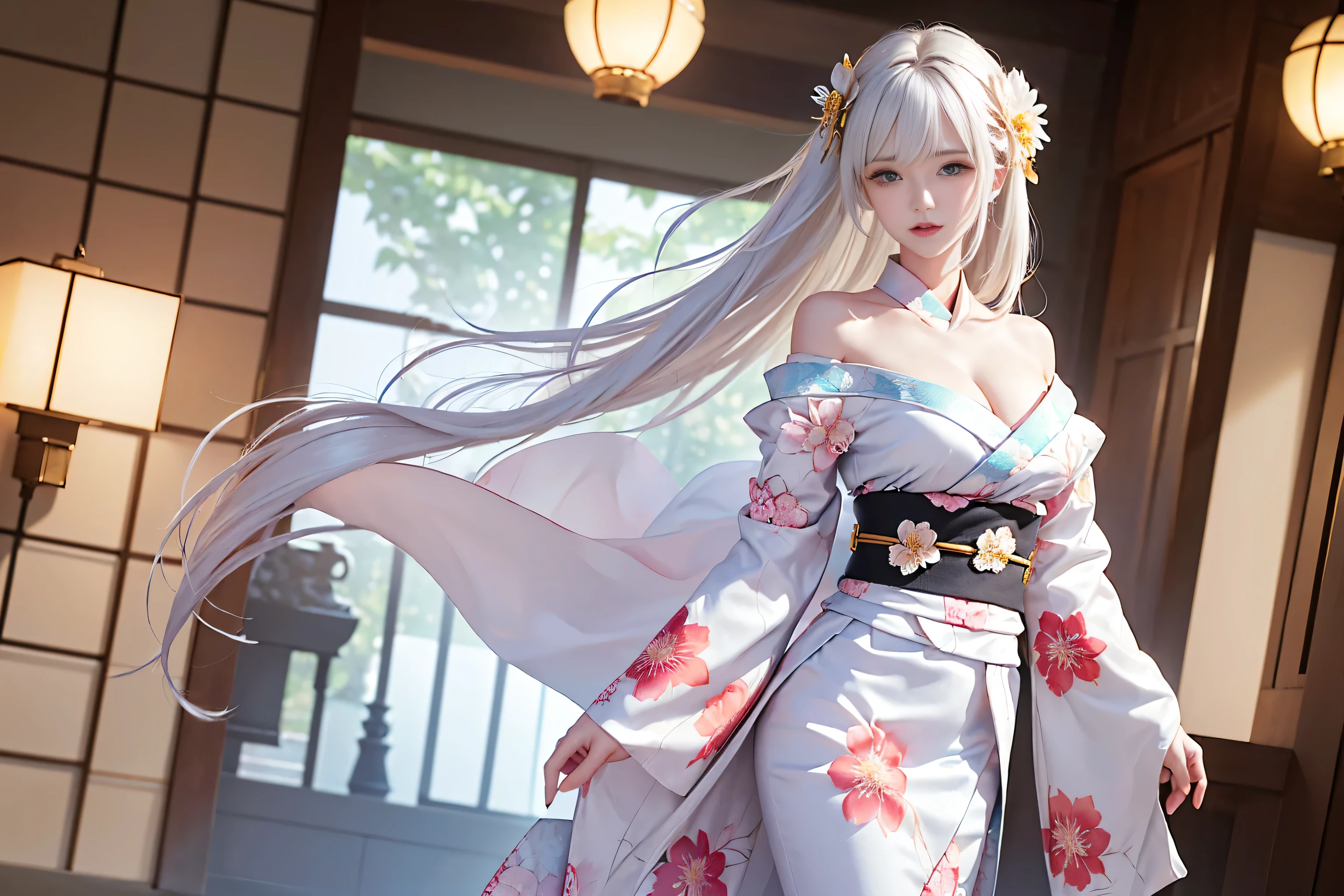((1girl,solo、A woman wearing a flower pattern kimono、Elegant woman posing:1.4、Detailed face、brightexpression、medium beautiful breasts,young, bright, Whiter skin、Best Looks、Ultimate beauty、White hair with shiny highlights、Shining bright hair,、Trim your hair:1.2、Hair dancing in the wind))(White base background、Beautiful transparent glass flowerysterious lighting effects)((Off-the-shoulder style、Expose your shoulders、Expose the neck、Exposing cleavage:1.2))The sleeves of the kimono are connected((Flower pattern kimono:1.3)
