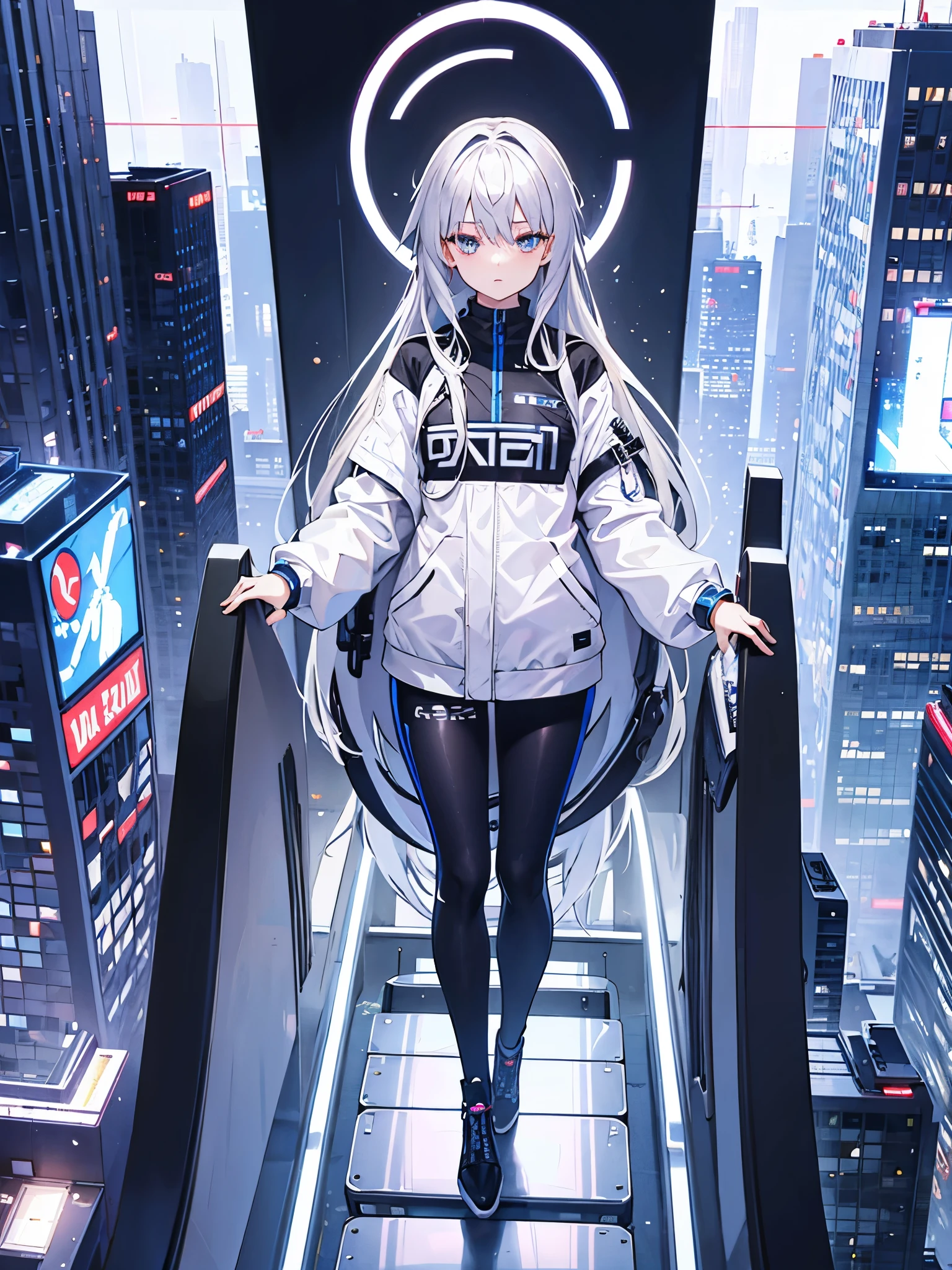 Silver hair girl cyber clothes city