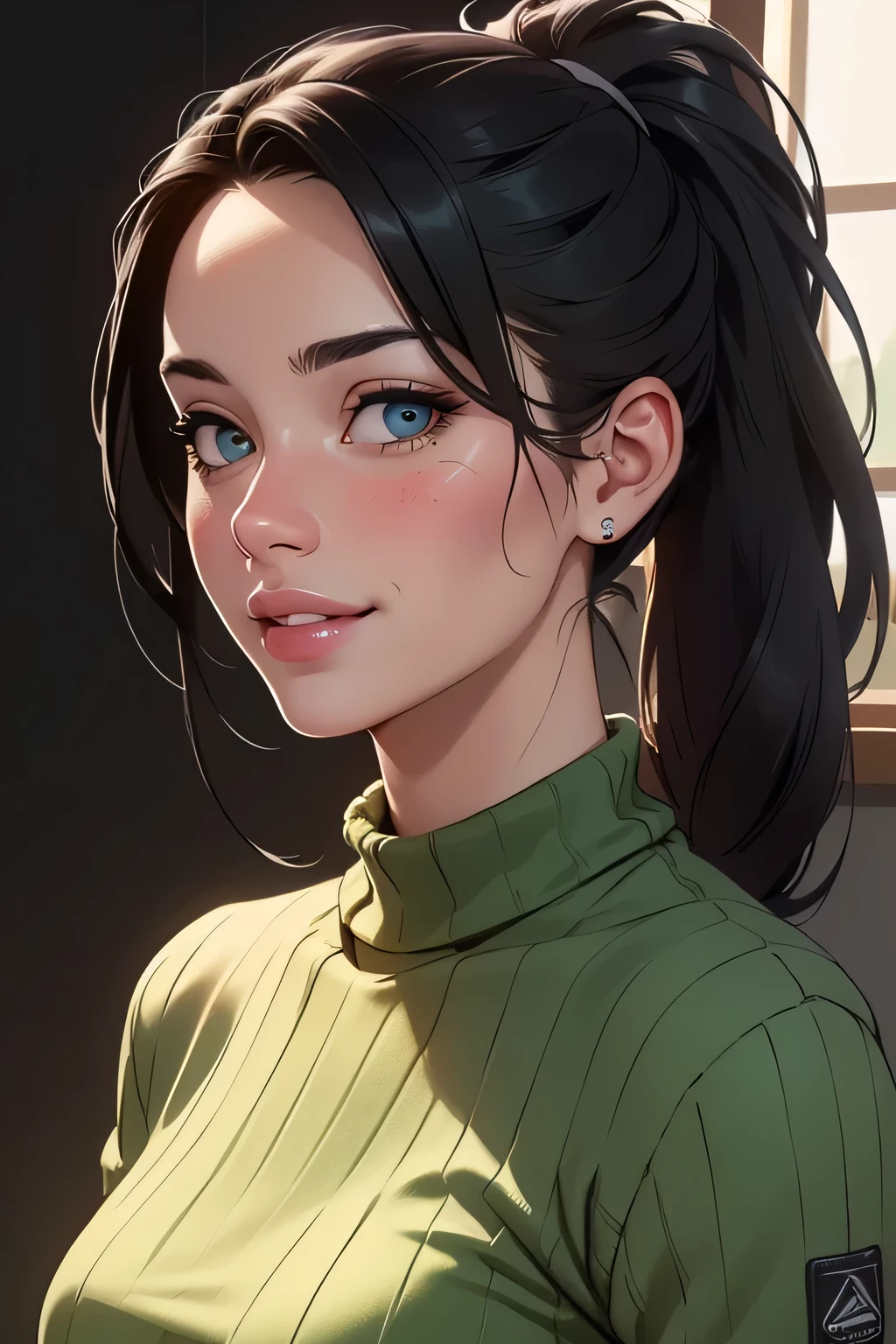 (best quality,highres,masterpiece:1.2),ultra-detailed,(realistic,photorealistic,photo-realistic:1.37),portraits,vivid colors,beautiful detailed eyes,beautiful detailed lips,elegant pose,dark green sweater,cream cargo pants,long black hair,cute ponytail,soft lips,blushing intensely,smiling, seductive gaze,medium chest,perfect body,shadows and highlights,vibrant lighting