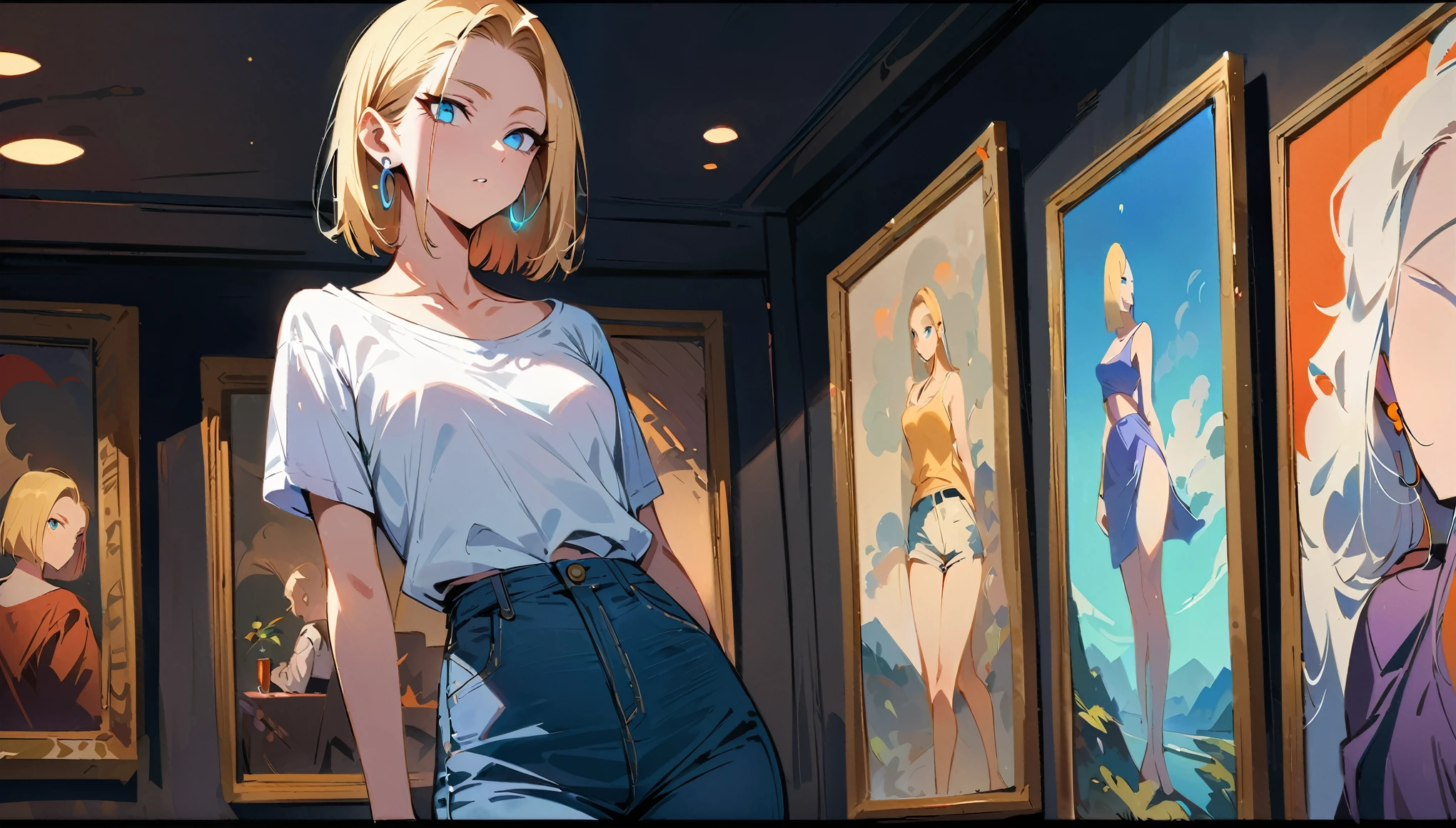 (masterpiece, best quality:1.2), shot from knees up showing only collarbone, solo, Android 18 from Dragon Ball, standing in an art gallery, white collared Y-shirt tucked into denim shorts, vibrant purple camisole for inner shirt, short blonde hair loose, blue eyes focused on paintings, earrings on earlobes, slender feminine figure, narrow waistline, art gallery background with bright lighting, looking at paintings, wearing glasses, 4K