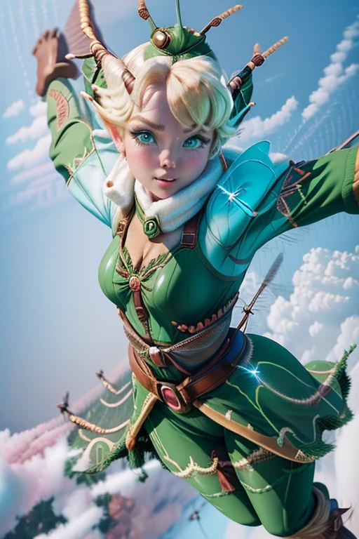masterpiece, 8k, Perfect lighting, ,Adult , woman, View Viewer, Cinema Lighting, Cowboy Shot, (Tinkerbell:1.5),( (TinkerbellWaifu:1.1)), Single hair bun, (Green winter coat), (Green clothes), ((Clothes made from leaves)), Pointed Ears, blue eyes, (Fine grain:1.2), blush, Shrank,(((Flying in the sky))), (((fly in the sky:1.8))), cloud, , winter, snow,