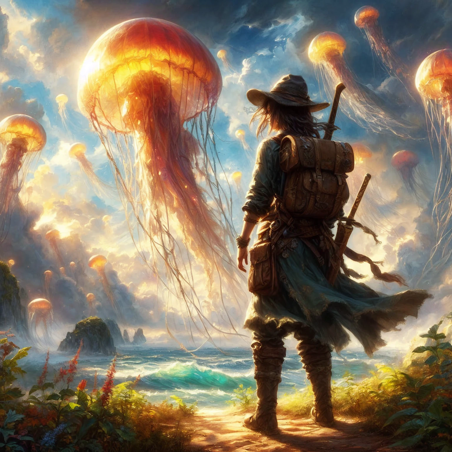 A woman with a backpack and hat stands on a path near Jellys, epische Fantasy-Sci-Fi-Illustration, epischer Fantasy-Digitalkunststil, 4K-Fantasy-Kunst, epic surrealism 8k oil painting, 8k Fantasy-Kunst, epischer Fantasy-Kunststil, epische Sci-Fi-Fantasy-Kunst, epische Fantasy-Illustration, epischer Fantasy-Kunststil hd, Wissenschafts-Fantasy-Malerei, epic fantasy painting