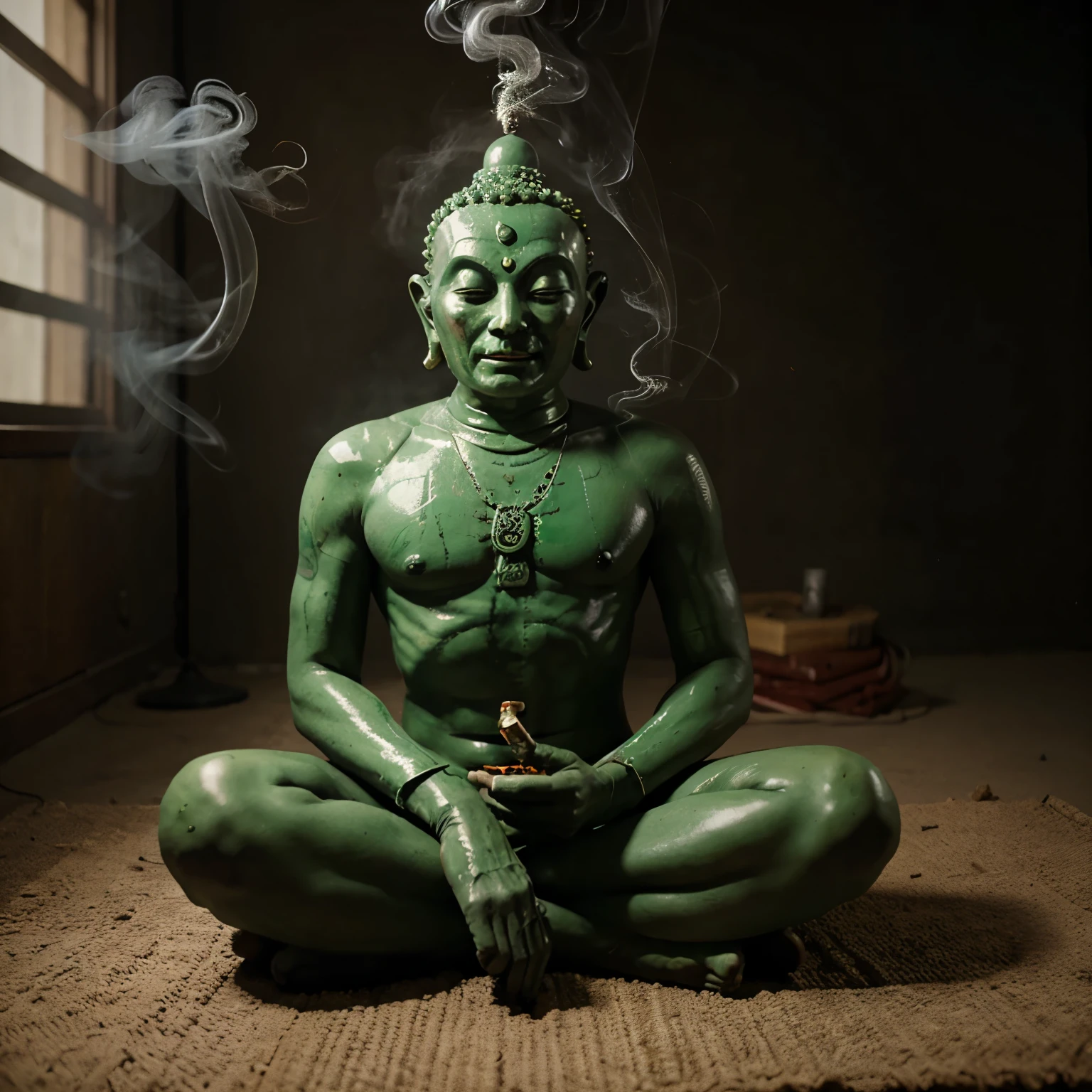 Buddhist alien smoking marijuana