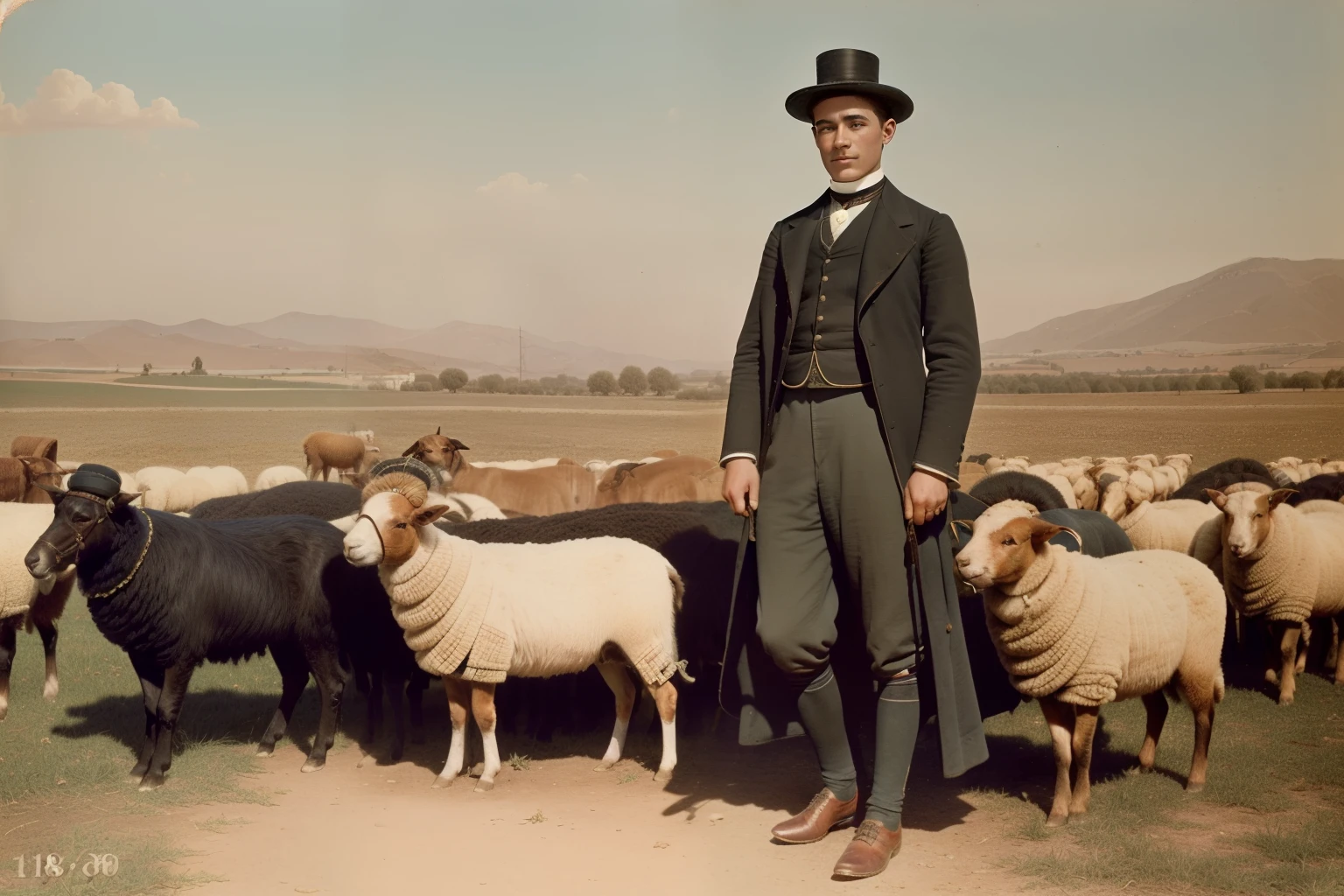 Andalusia, 1890. A young ((((18-year-old)) Shepherd)), with a flock of sheep, ((((clothings from the 1890s)))), ((hairstyle of the 1890s)), ((colorful))
