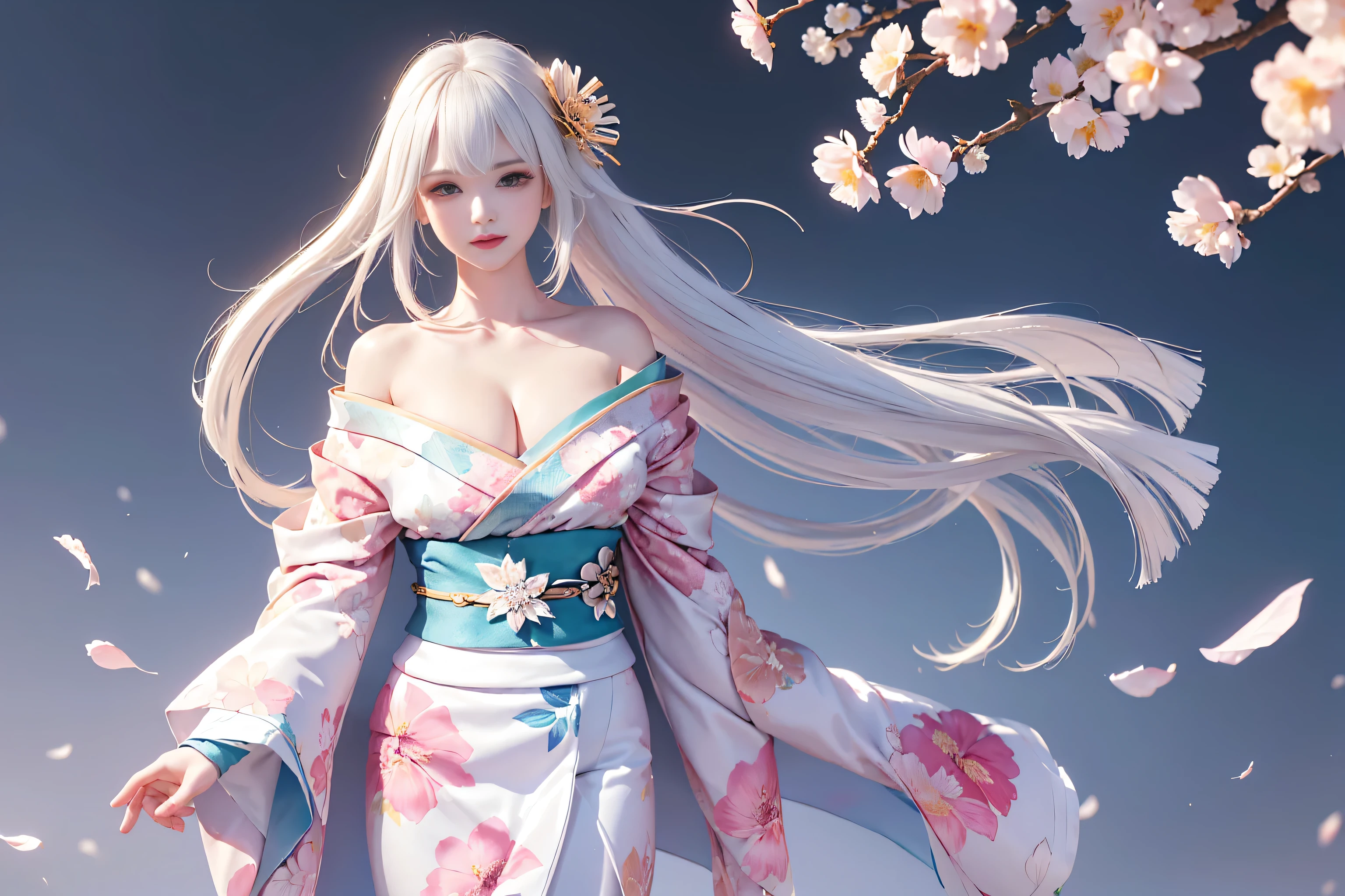 ((1girl,solo、A woman wearing a flower pattern kimono、Elegant woman posing:1.4、Detailed face、brightexpression、medium beautiful breasts,young, bright, Whiter skin、Best Looks、Ultimate beauty、White hair with shiny highlights、Shining bright hair,、Trim your hair:1.2、Hair dancing in the wind))(White base background、Beautiful transparent glass flowerysterious lighting effects)((Off-the-shoulder style、Expose your shoulders、Expose the neck、Exposing cleavage:1.2))The sleeves of the kimono are connected((Flower pattern kimono:1.3)