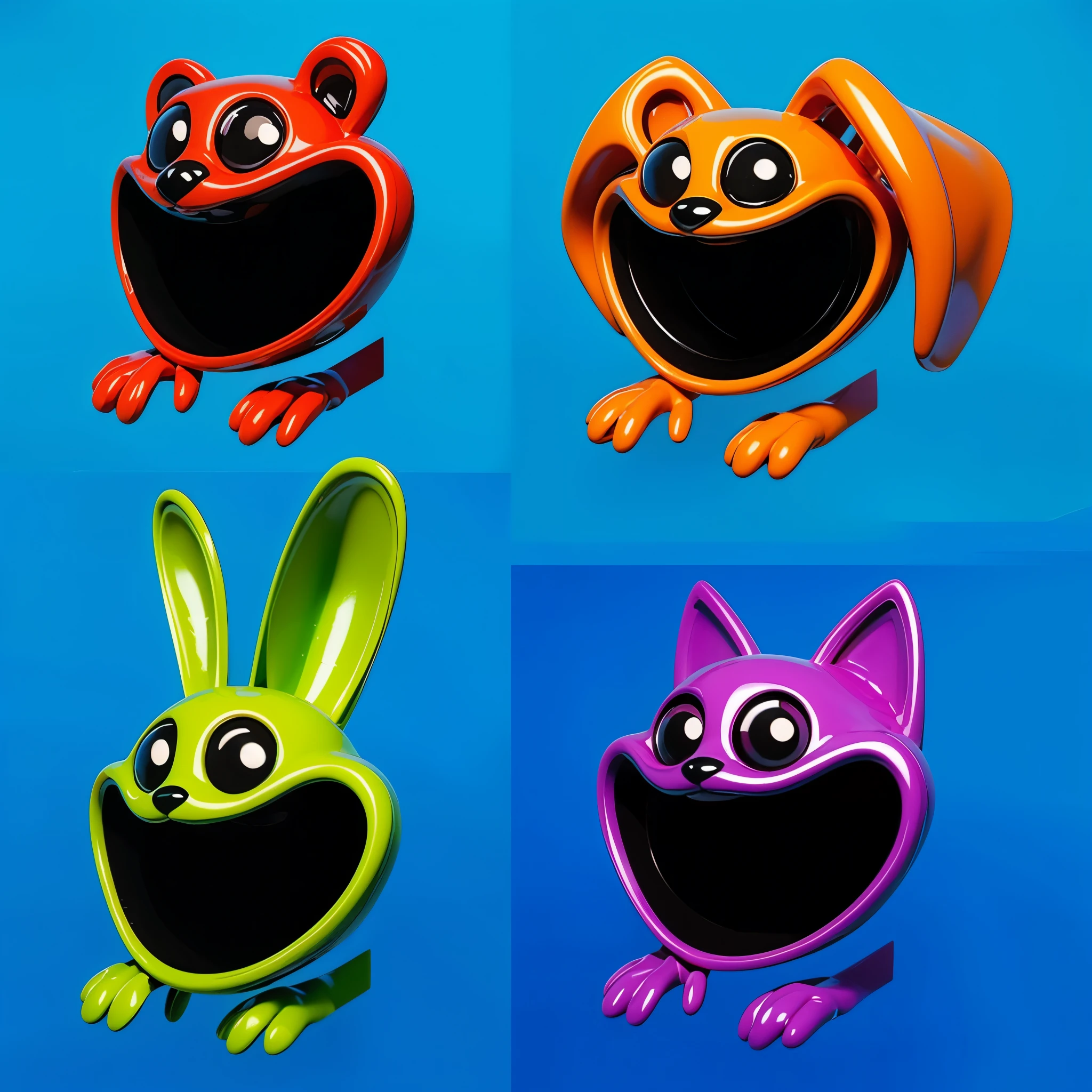 Create an image featuring four cartoonish characters with large black eyes and wide smiles. The characters should include a red bear with red hands and feet, an orange dog with orange hands and feet, a green rabbit with green hands and feet, and a purple cat with purple hands and feet. Place these characters on a bright blue background. cartoon key frame rendering, cute 3D rendering, Shiny metallic,Create ultra sharp  цветной рендеринг zbrush. perfect cgi, cgi art created only with gradients, smooth silhouette, Create ultra sharp skin, high intensity refraction, (plastic material), most beautiful vfx, blue background, plastic refractions, glossy texture, smooth 3d model, multiple light sources, rim light, sharp post effects render, (glossy plastic texture with multiple big light probe refractions), perfect cgi, cgi art created only with gradients, smooth silhouette, high intensity refraction, (plastic material), most beautiful vfx, blue background, plastic refractions Create ultra sharp