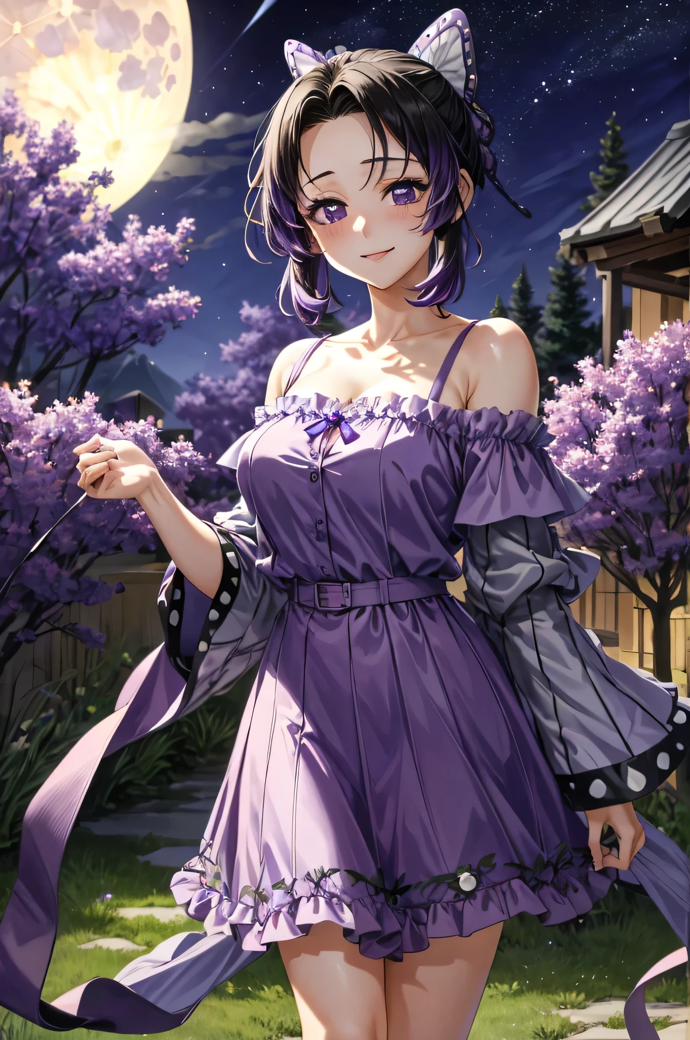 HDR , masterpiece , high quality , ultra details , best quality , standing in garden , ((attractive)) , (adult) ,Shinobu , off shoulder short purple dress , purple eyes , cute face , short purple hair ,smile and blush , detailed person quality , medium breast , seduce , ((night with moon)), purple flowers, soft light
