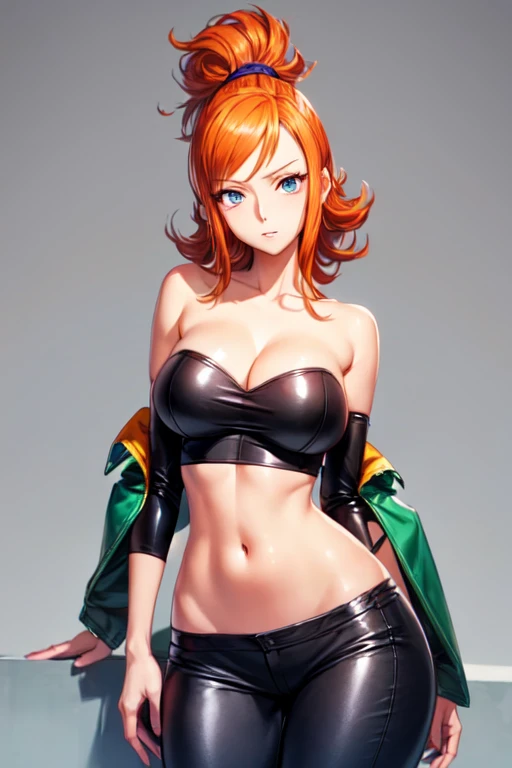 Nami(slim young woman of average height with orange hair and brown eyes) kissing Robin(Nico Robin is a tall, slender young woman with shoulder-length black hair and eyes that have dark, wide pupils with blue eyes) from one piece, , big breasts, big butt, visible v cut, lean body