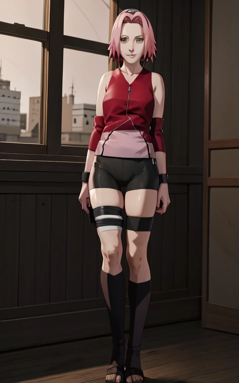 Full body, NARUTO_Sakura_Combat_ownwaifu,
1girl, haruno sakura, short hair, pink hair, green eyes, hair intakes, collarbone, forehead protector, headband, red hairband, konohagakure symbol,
bare shoulders, bandages, sleeveless, sleeveless shirt, sleeveless jacket, red shirt, red jacket, bike shorts, black shorts, leg wrap, bandaged leg, elbow pads, zipper, zipper pull tab,
((masterpiece)),((best quality)),(highres, absurdres), original, official_art, loaded_interior, night time, dark atmosphere, indoors, focused, looking at viewer, solo,