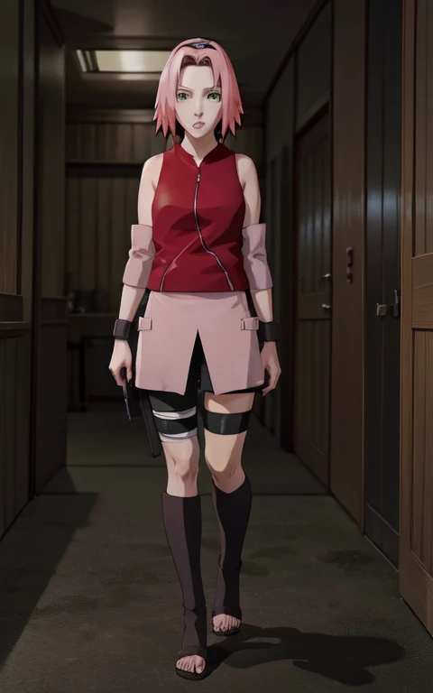 Full body, NARUTO_Sakura_Combat_ownwaifu,
1girl, haruno sakura, short hair, pink hair, green eyes, hair intakes, collarbone, forehead protector, headband, red hairband, konohagakure symbol,
bare shoulders, bandages, sleeveless, sleeveless shirt, sleeveless jacket, red shirt, red jacket, bike shorts, black shorts, leg wrap, bandaged leg, elbow pads, zipper, zipper pull tab,
((masterpiece)),((best quality)),(highres, absurdres), original, official_art, loaded_interior, night time, dark atmosphere, indoors, focused, looking at viewer, solo, 