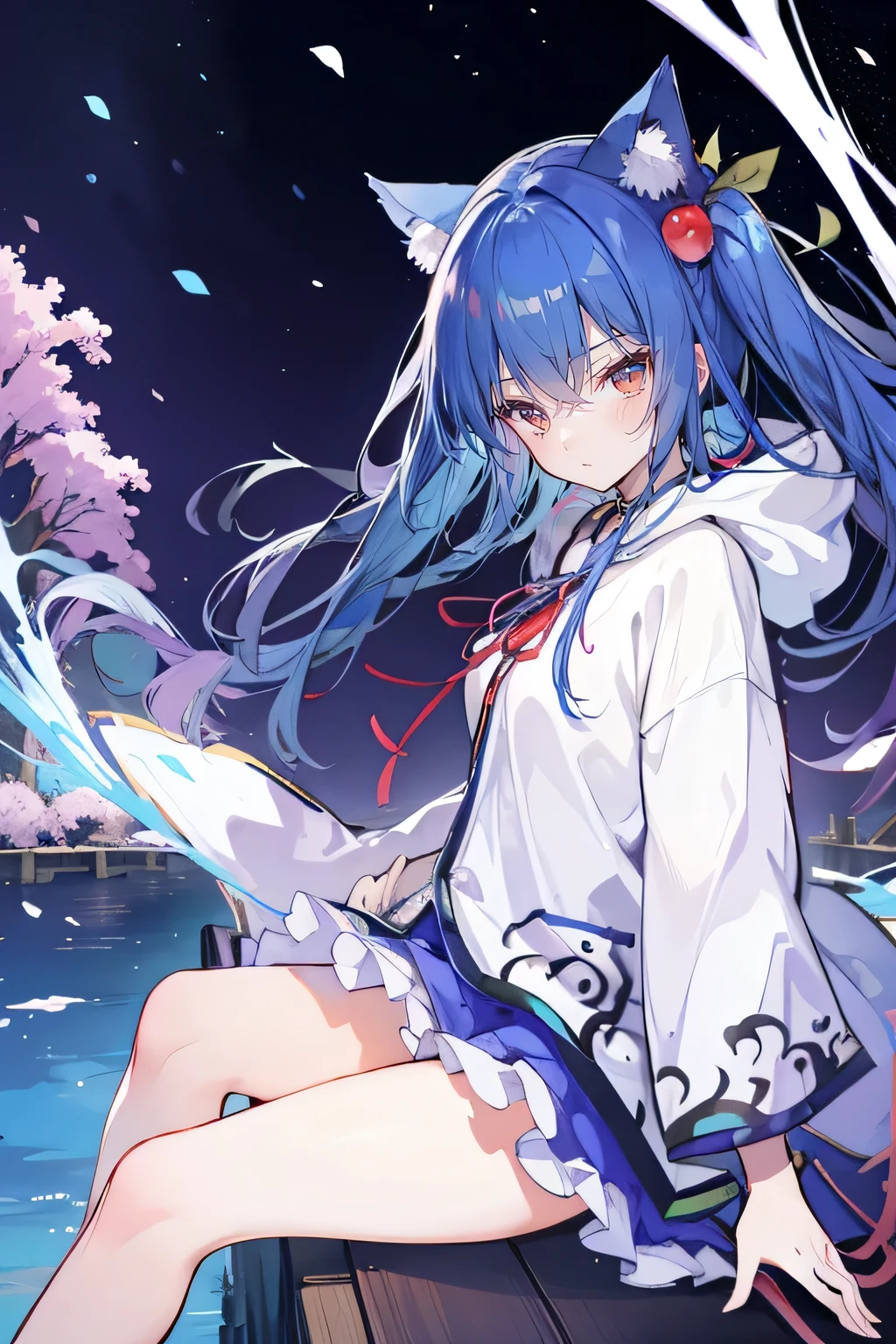 (masterpiece:1.2),Super detailed,lifelike,Expressive eyes,fair skin,perfect face shape,1 girl,
Japanese comics,Gorgeous blue hair,flowing blue hair,flowing clothes,Cat ears,Petals fall,beautiful lola,Baby Angel,
Cross your legs,Gentle and peaceful background,The pavilion is cool and comfortable, wearing hoodie, background of tokyo,back views,snowing, winter.