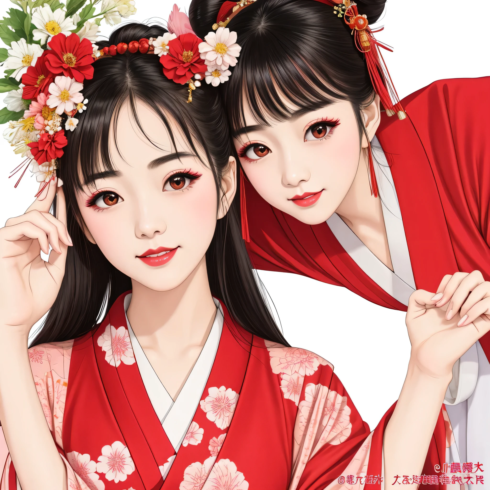 7 sisters, 7 girls with different faces and expressions, dancing gracefully, small faces, top quality, masterpieces, black hair, bun hair, wide angle, diagonally above the waist, magazine cover pose, 8K high resolution, Masterpiece, high resolution, realistic and beautiful light and shadow, top quality, high resolution, very delicate and beautiful, beautiful 8K face, smile and smile. Seven beautiful Japanese girls with eyes, transparent skin, soft hair, eight heads, Japanese style kimonos with red, pink and orange floral patterns on a white background, yukatas, small faces, thin and small noses, red lipstick , glossy skin, very thin eyebrows, overall super high resolution, Maiko-style makeup, fair skin, long and beautiful eyelashes, glossy skin, red cheeks, holding a flower hat prop in one hand, dance, Kasa Odori, Kasanihi Odori, Japan Dance, festival, movie poster style