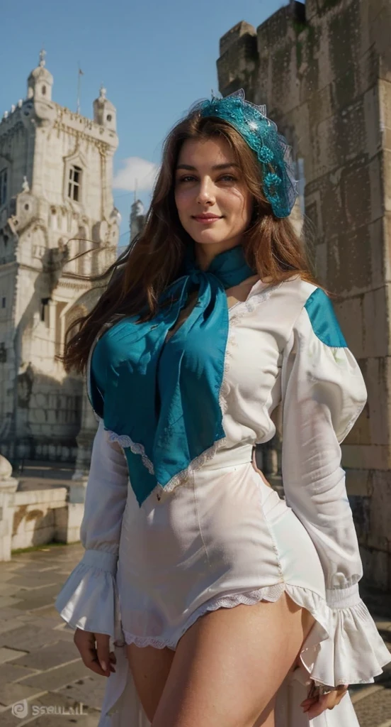 masterpiece, High quality, 1 femme, tous son corps, smirk, High quality, ((devant seulement la tour de Belem à Lisbonne)), femme debout au premier plan, en tenue trationnel portugaise, jolie visage, beau corps, pose face à la caméra