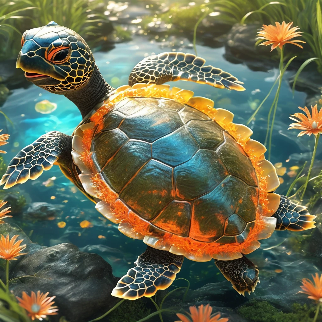 best quality, very good, 16K, ridiculous, Extremely detailed, Lovely(((turtle:1.3))),Made of transparent boiling lava, Background grassland((A masterpiece full of fantasy elements))), ((best quality)), ((Intricate details))(8k)