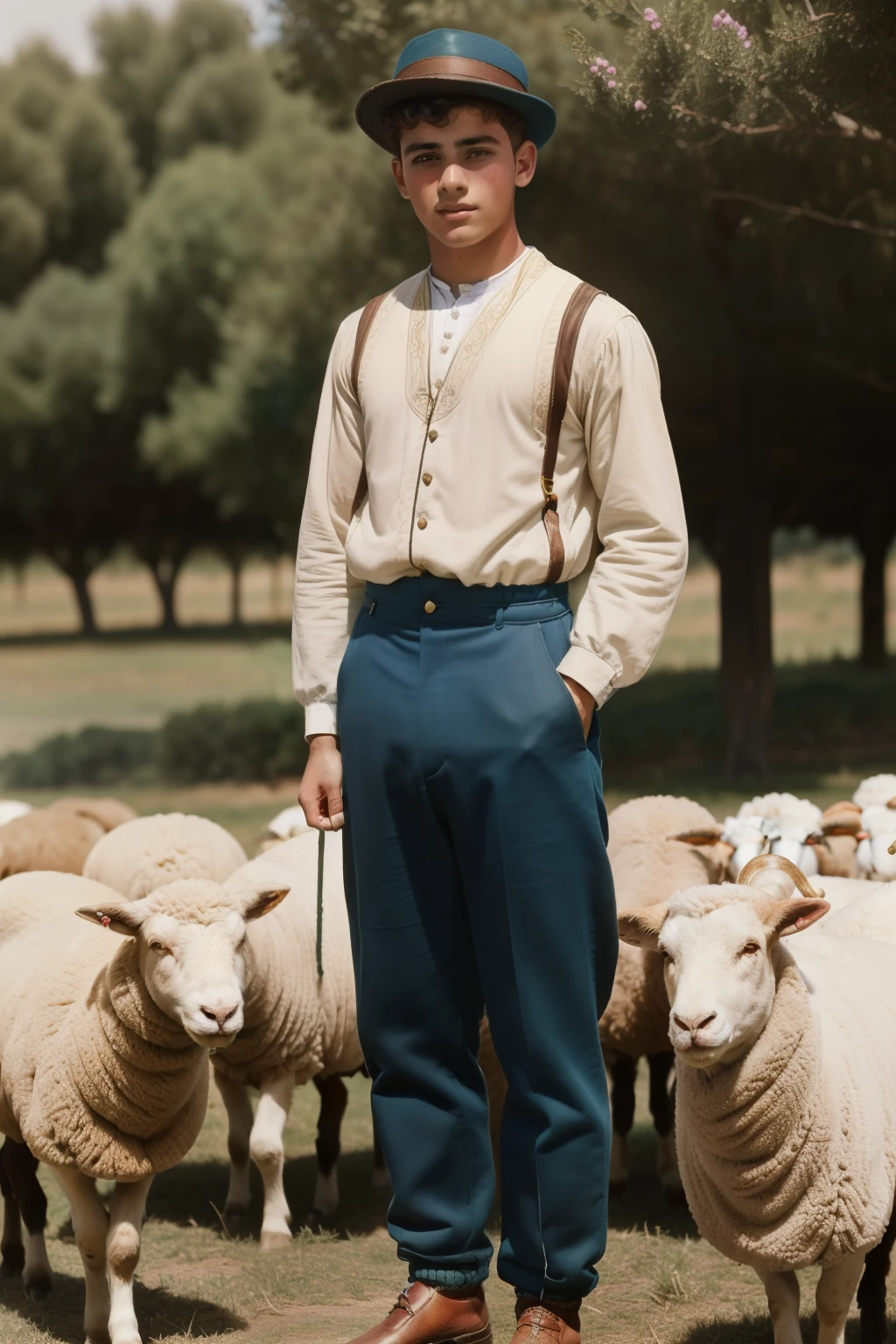 Andalusia, 1900. A young ((((18-year-old)) boy Shepherd)), with a flock of sheep, ((((casual clothings from the 1900s)))), ((hairstyle of the 1900s)), ((colorful))