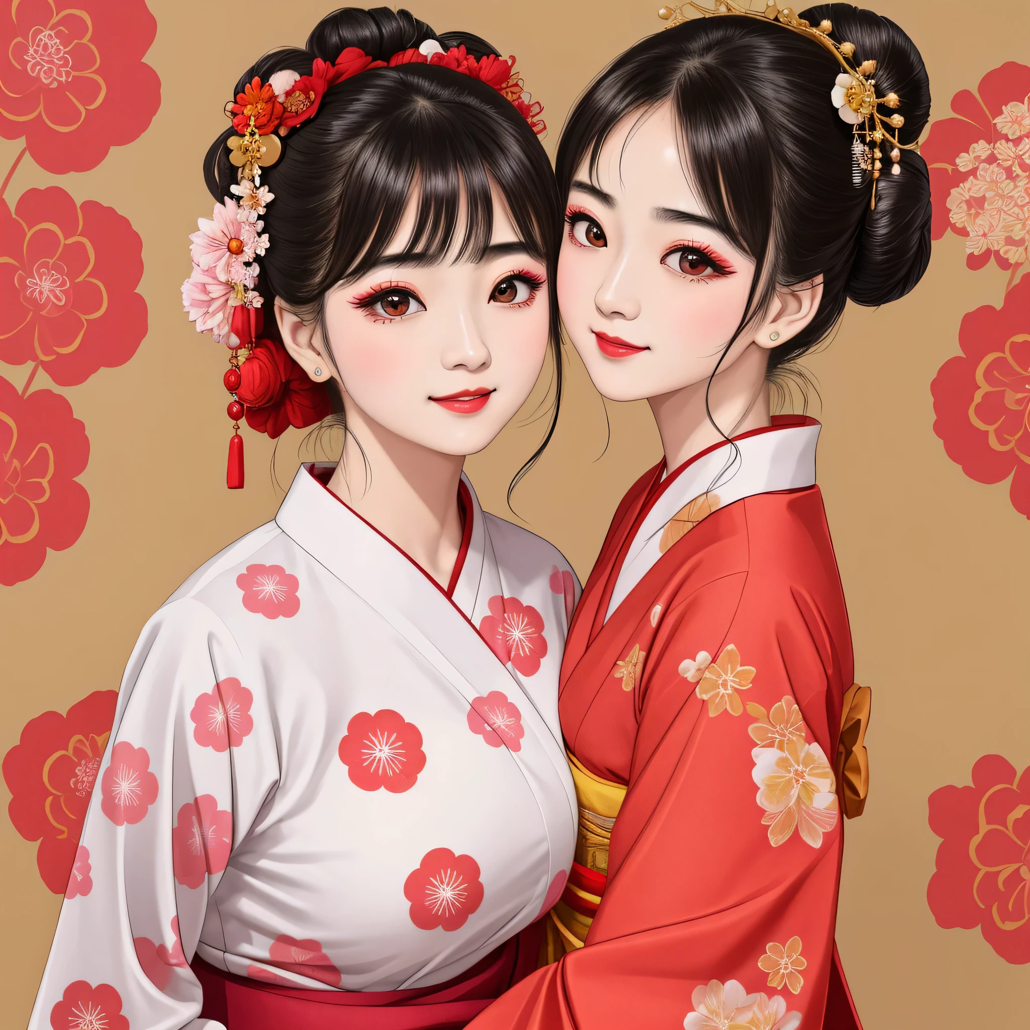 Each has a different expression２People and sisters、(２ girls）、｟Dancing traditional arts with grace)、((Big Breasts、Small Face、Not exposed))、highest quality、masterpiece、（Black Hair、Bun Hair）、Brown Eyes、｟Wide angle、Angle from above the waist and diagonally below、Pause on the magazine cover、Their gazes are different, gazing into the distance｠、(８K High Quality、masterpiece、High resolution、Realistic and beautiful light and shadow、(highest quality)、(High Resolution)、(Very delicate and beautiful)、(Beautiful 8k face)、(With a smile、Beautiful eyes)、(Clear skin)、(Soft hair)、(８Head to Body)、(A Japanese style yukata kimono with red, pink and orange floral patterns on a white background, interspersed with gold powder、Five beautiful Japanese girls wearing yukata)、((Tanabata decoration background))、((Small Face))、(arms up)、Thin and small nose、（Red lipstick）、（Make your cheeks red）、（Glossy skin）、((Ink painting style))、Very thin eyebrows、Overall ultra-high image quality、（She is wearing maiko-style makeup.）、Whitening、Long and beautiful eyelashes、Glowing Skin、（Red cheeks）,Straight nose、masterpiece、highest quality、whole body、 Eyebrows visible through hair、Bun Hair、Grin、Gal、Gal、Viewer&#39;s Eyes、Plaid、Stylish、woman、fine、Pause、
Waiting to start 
