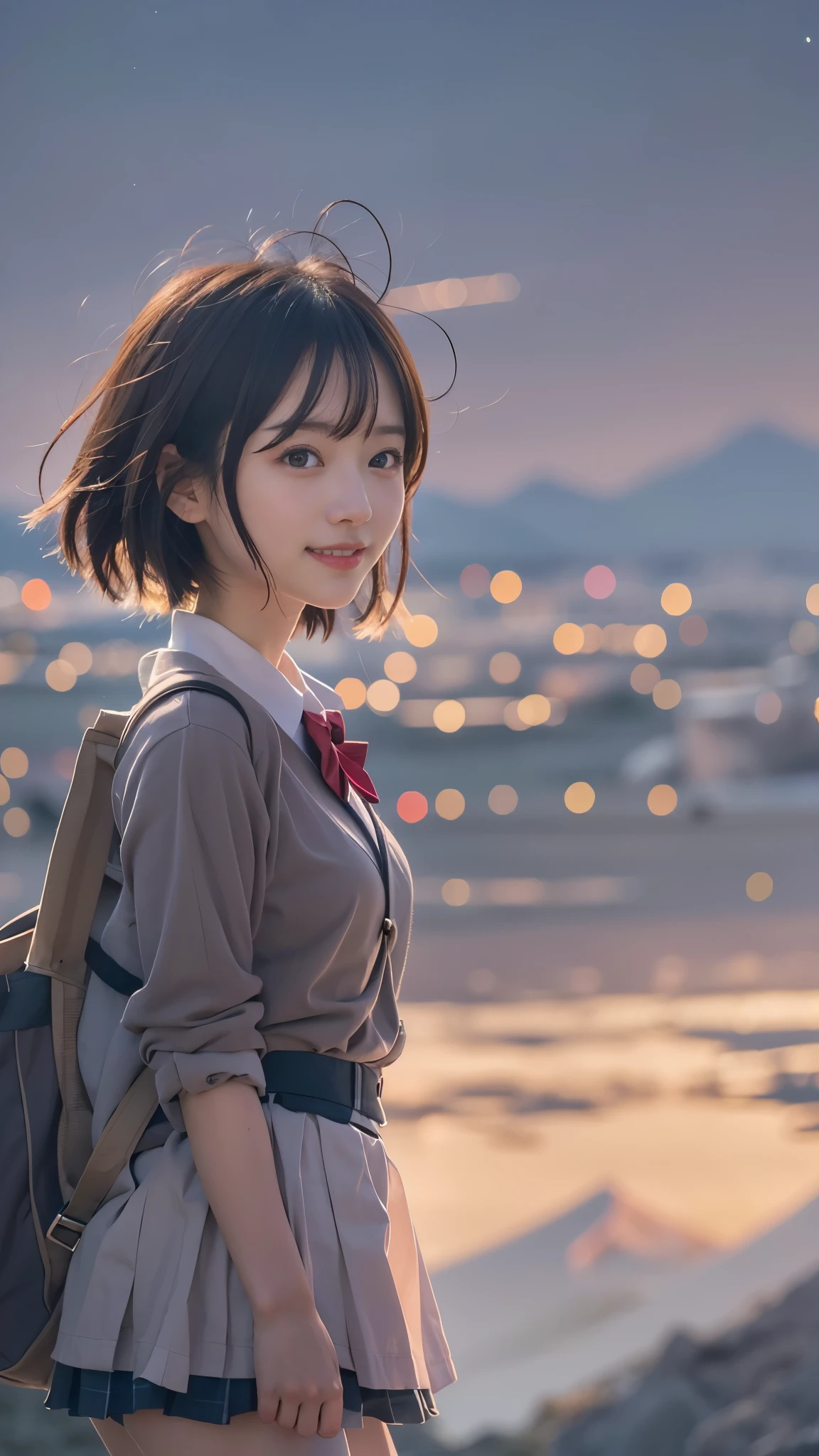 anime風の女性キャラクターのカラフルなプロフィール写真. anime「My Favorite Child」has characteristics that are clearly different from. The setting is sunset on the mountaintop. The environment is very fantastic. The camera settings are、A digital camera with a low ISO setting. This lens is a medium aperture zoom lens.. キャラクターデザインは日本のイラストレーターとanimeーターにインスピレーションを受けた, Akiko Sterrenberger, Photographed by Makoto Shinkai, Your Name。Director of, Large Breasts, (school uniform:1.3), (nice smile:1.3), Slender body line, Small and slender figure, Narrow waist, (Baby Face), (boob slash:1.3)