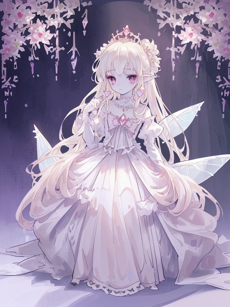 (highest quality, masterpiece, Super detailed, very detailed, exquisite, 16k,Full HD),dramatic lighting, warm lighting, soft lighting, environmental lighting,white background,From above,((head shot)),large amount of flowers,The entire screen is surrounded by flowers,in the forest,(Crystal Forest),(fairy princess, purple eyes, long eyelashes,white skin,slim,Pale pink lip,pale pink cheeks, blonde,thin and long,(thin and high nose,small nose),(From above her waist, a giant fairy wing),diamond tiara,diamond earrings,Diamond Choker,white ball gown dress with diamonds, lace and ruffles, (fantasy, romantic atmosphere), magic light,