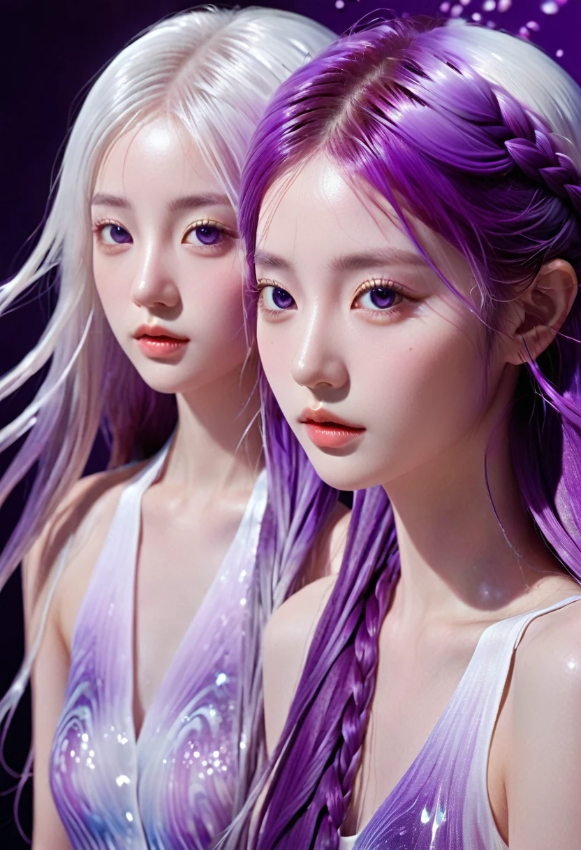 （Super Fine，lifelike：1.37），3D rendering, Psychedelic abstract art：2 girls made of flowing liquid side by side looking at the viewer, yinji, purple hair, purple eyes, long hair, white hair, double braids, gradient hair, Upper body portrait，Background of the myth，creative composition，Meticulous attention to detail，Liquid textures and patterns，High-resolution rendering，Crystal clear，Exquisite craftsmanship，Dreamy atmosphere，Sensual and fascinating，masterpiece：1.2。