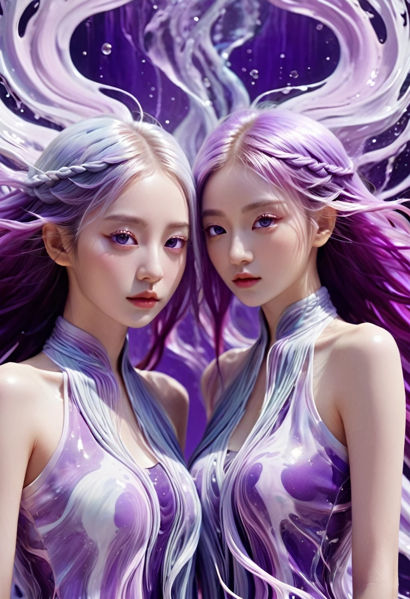 (Super Fine,lifelike:1.37),3D rendering, Psychedelic abstract art:2 girls made of flowing liquid side by side looking at the viewer, yinji, purple hair, purple eyes, long hair, white hair, double braids, gradient hair, Upper body portrait,Background of the myth,creative composition,Meticulous attention to detail,Liquid textures and patterns,High-resolution rendering,Crystal clear,Exquisite craftsmanship,Dreamy atmosphere,Sensual and fascinating,masterpiece:1.2。