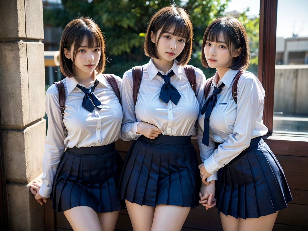 (RAW photo, 4k, masterpiece, high resolution, extremely complex) (realistic: 1.4), cinematic lighting
((2 girls, 2 schoolgirls)),Slam Dunk's,blushing,((innocent)),bright eyes,round eyes,blunt bangs,(short bob hair:1.3),black hair,large breasts,wide hips,Summer Noon, ,Hot, (Best Quality), (Highres), (an Extremely Delicate and Beautiful),(Beautiful 8k face),(Brown eyes),( spectators),(gigantic breasts),(Play with each other,Touching each other's bodies,Touching the body),(Japanese high school uniform:1.3),blue skirt,(reality),bright lighting,(The background is a luxury hotel room)