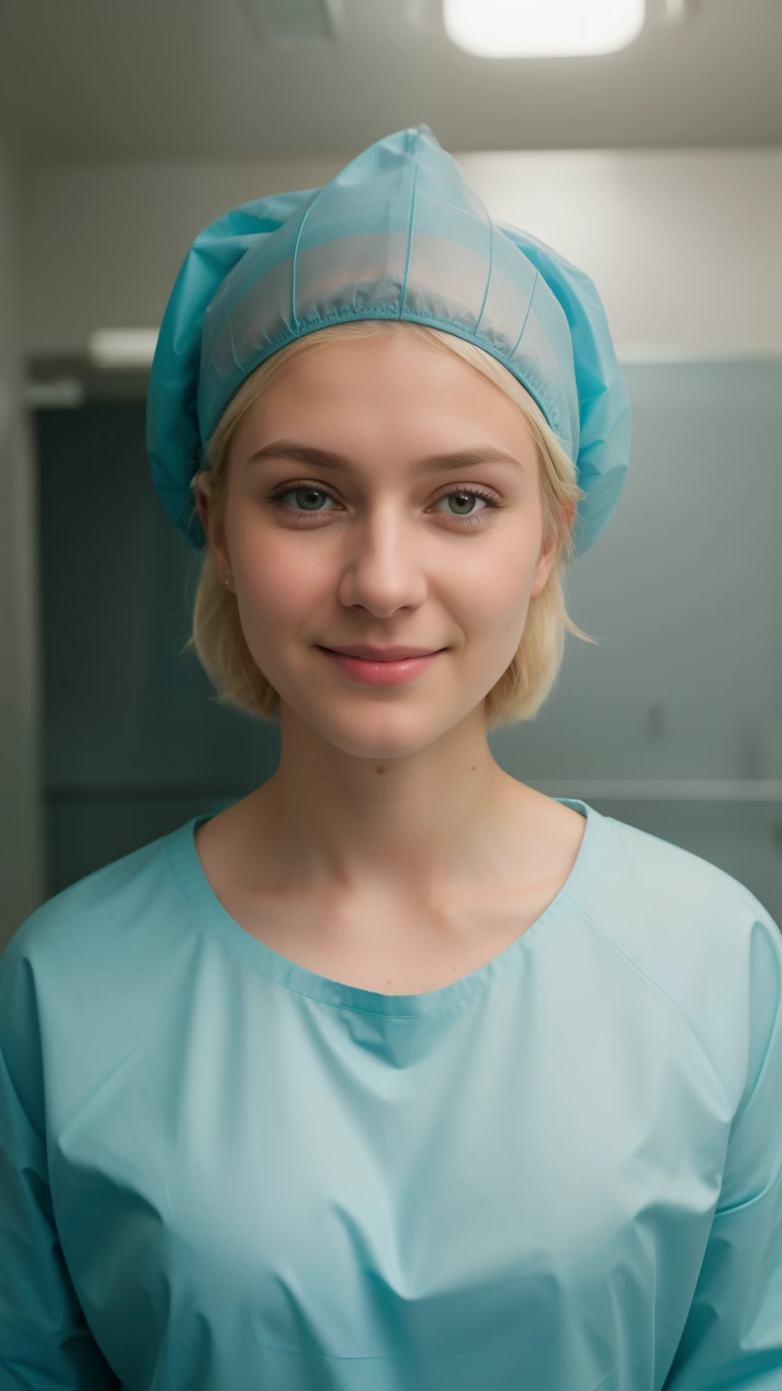 A Realistic Portrait, of a swedish teenager girl, pediatric patient ,,, Beautiful, detailed face, detailed eyes, (realistic skin:1.3), (pale skin:1.1), (textured skin:1.3), (()), big smile, (iphone photograph),  ), (artificial lighting:1.3),  looking at the camera, , amateur Photography, Photorealistic, Detailed, analog, poor quality, standing in medical change room, beautiful face, big eyes, big smile, detailed face, wears teal nylon patient gown with  , putting long patient gown on, back-tied patient gown,, high closed crew-neck, bokeh, all wearing large teal nylon bouffant cap , , large surgical bouffant cap covering hair and ears, ultra-short blonde hair fully covered by nylon shower cap, no hair tails, standing in hospital room