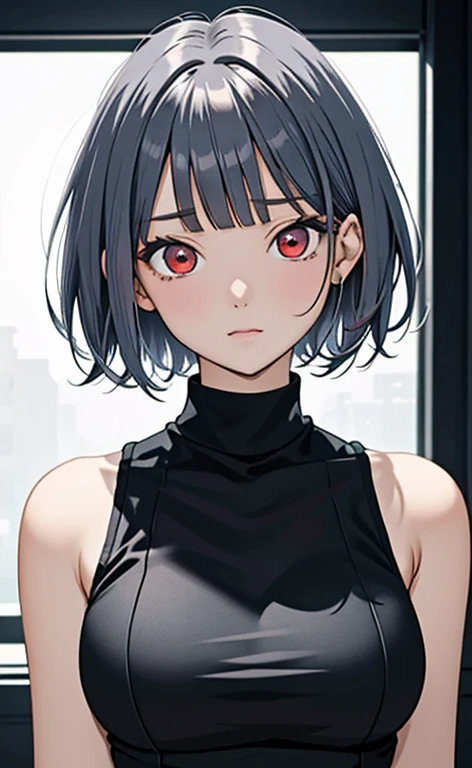 (masterpiece:1.4、top-quality、illustration)、(character focus、,upper body:1.3)、(face:1.5),(1girl),(naughty face:1.2),(Beautiful eyes:1.4),cute face,(red eyes:1.3)、(tareme:1.3)、(:1.3),
),(stand:1.4),、(),(),
(blue grey hair),(short hair:1.5)、
,(),（sleeveless turtleneck china dress:1.5),
(blunt bangs),(sidelocks:1.3), (large breasts)、
、slender、zydG