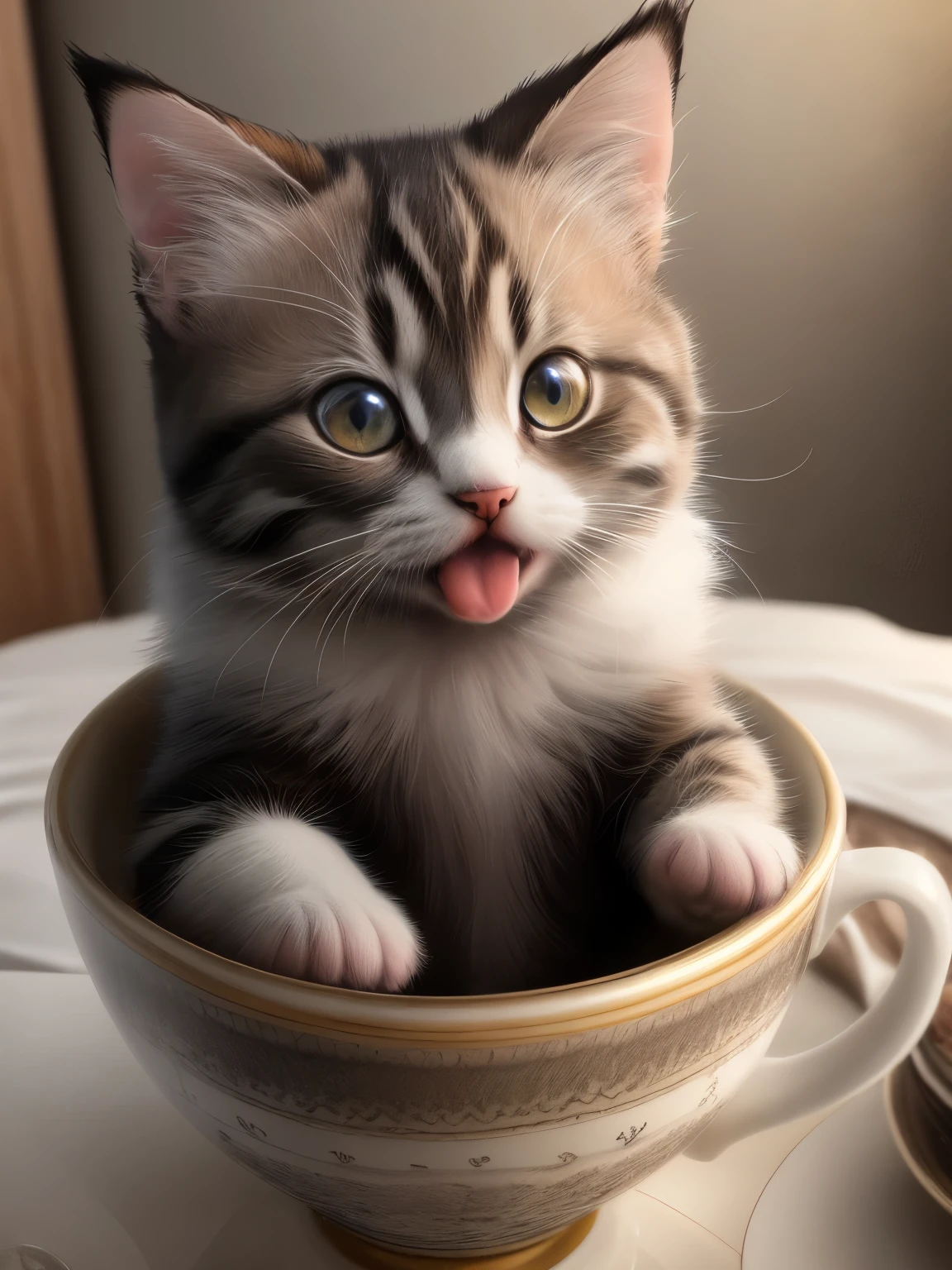 (highest quality,4K,8k,High resolution,masterpiece:1.2),Super detailed,(Realistic,Realistic,Photorealistic:1.37),Sculpture:1.37,Northern,South,Multiverse,Diverse landscapes,Natural Beauty,Ceramic craftsmanship,Glassy Surfaces,Cute tea cup((Black and white mixed breed kitten))、Screaming with his mouth open、The mouth is inverted triangle shape、Art Gallery