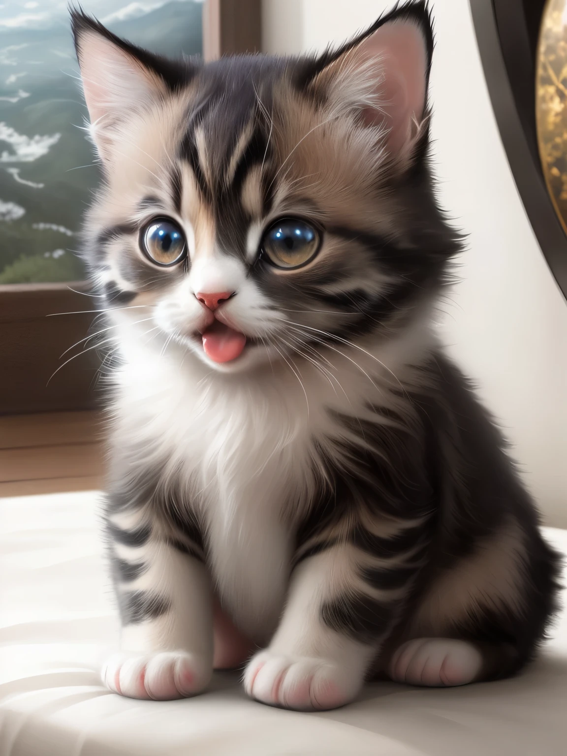 (highest quality,4K,8k,High resolution,masterpiece:1.2),Super detailed,(Realistic,Realistic,Photorealistic:1.37),Sculpture:1.37,Northern,South,Multiverse,Diverse landscapes,Natural Beauty,Ceramic craftsmanship,Glassy Surfaces,Cute tea cup((Black and white mixed breed kitten))、Screaming with his mouth open、The mouth is inverted triangle shape、Art Gallery