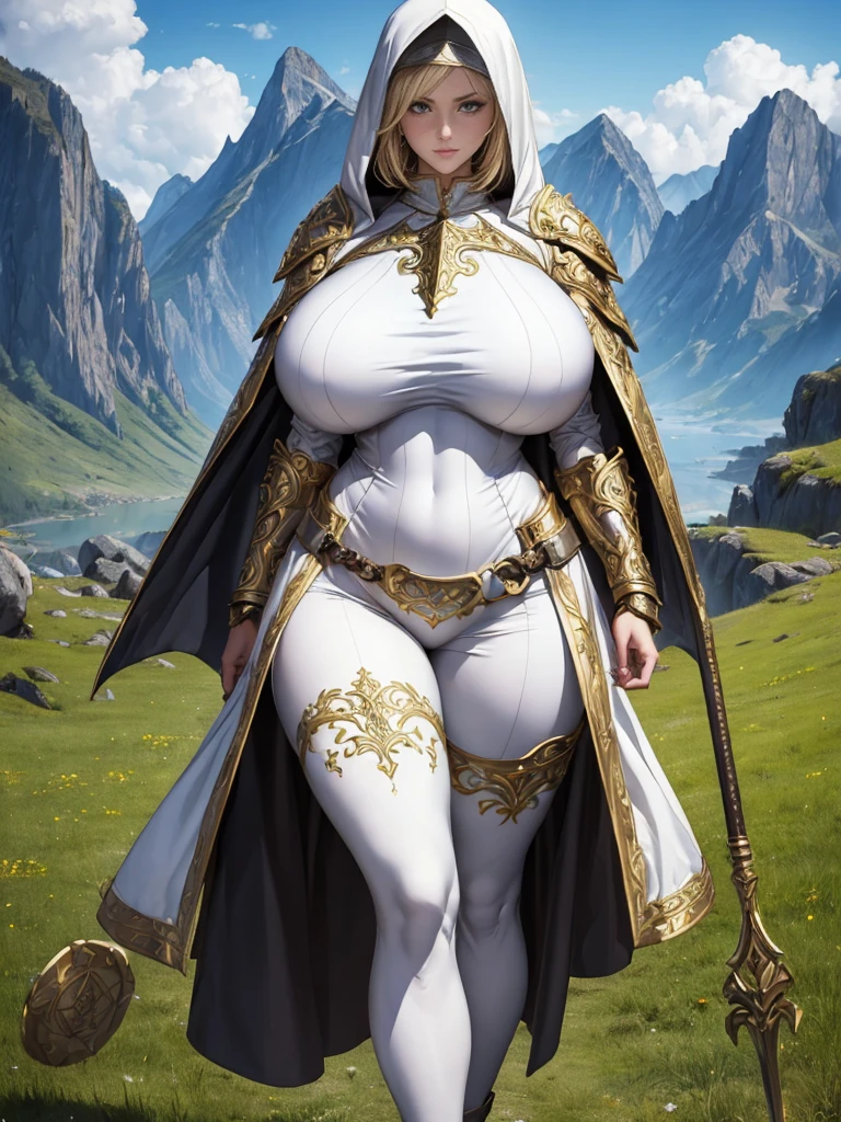 (masterpiece, top quality, best quality, official art, beautiful and aesthetic:1.2), (1girl:1.3), light freckles, fair skin, extremely detailed, portrait, looking at viewer, solo, (full body:0.6), detailed background, close up, (warm grasslands theme:1.1), holy paladin knight, charlatan, smirk, mysterious, swaying in mountains, modest attire, ((((ornate white and gold armor)))), cowl, nun hood, wimple, boob armor, cowl, chain mail, chainmail, leggings, chainmail leggings, chain mail leggings, breastplate, gorget, hood, pauldrons, greaves, armored, long boots, longsword, shield, cape, cloak, pearly metal, white metal, pale leather, ((((gigantic breasts)))), slim waist, slim hips, long legs, medieval (mountain exterior:1.1) background, dark mysterious lighting, shadows, magical atmosphere, dutch angle,