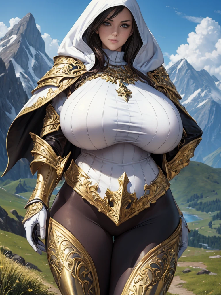 (masterpiece, top quality, best quality, official art, beautiful and aesthetic:1.2), (1girl:1.3), light freckles, fair skin, extremely detailed, portrait, looking at viewer, solo, (full body:0.6), detailed background, close up, (warm grasslands theme:1.1), holy paladin knight, charlatan, smirk, mysterious, swaying in mountains, modest attire, ((((ornate white and gold armor)))), cowl, nun hood, wimple, boob armor, cowl, chain mail, chainmail, leggings, chainmail leggings, chain mail leggings, breastplate, gorget, hood, pauldrons, greaves, armored, long boots, longsword, shield, cape, cloak, pearly metal, white metal, pale leather, ((((gigantic breasts)))), slim waist, slim hips, long legs, medieval (mountain exterior:1.1) background, dark mysterious lighting, shadows, magical atmosphere, dutch angle,