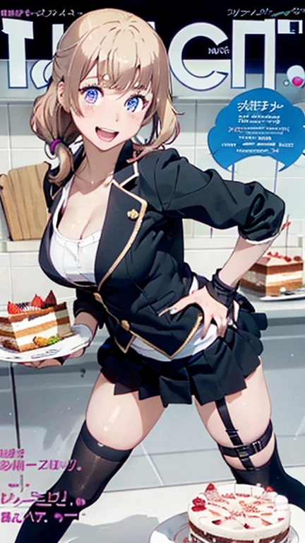1 girl, small nose, very beautiful detailed face and eyes, bright colors, cute face, delicate beautiful face, Bright magenta eyes, cute eyes, sparkling eyes, Big eyes, (big breasts:1.3), (perky chest:1.1), (pointed chest:1.0), (cake magazine cover:1.3),highest quality, WorKs of masters, High resolution,BlacK color hair,shiny hair, side ponytail,hair between eyes,bangs, (black jacket, real clothes, cleavage, black skirts, black thighhighs, thigh strap, fingerless gloves, single glove:1.2) , spread legs, panties shot, medium hips, glamorous body, white skin, smile, thin pubric hair, super beautiful face, Super beautiful eyes, Super beautiful hair,trendy outfit,sexy and attractive,full body esbian, Real World, Natural light,perfect Natural light,(with sparkling eyes and a contagious smile), This masterpiece is not only visually stunning but also tells, make of cake cooking , in the kitchen, open mouth, looking at viewer,