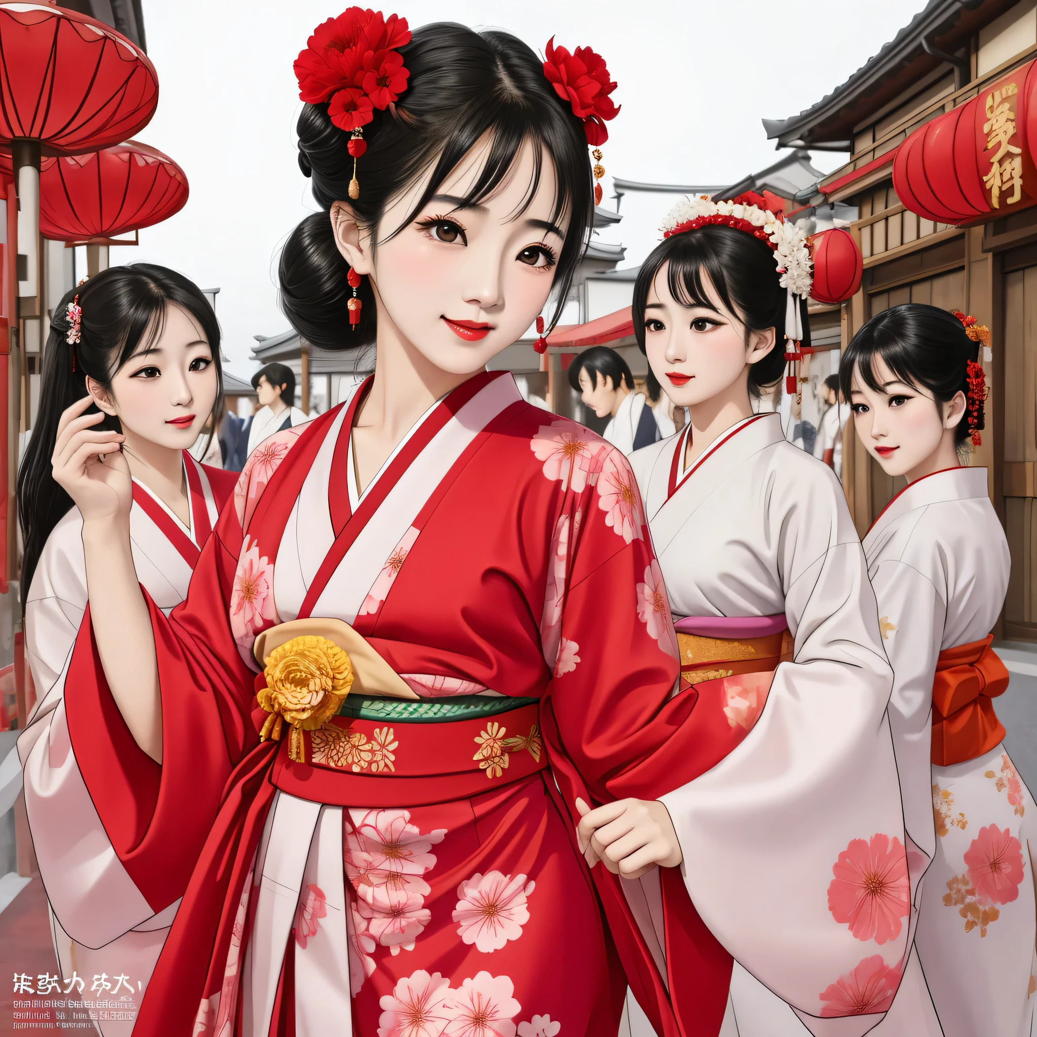 7 sisters, 7 girls with different faces and expressions, dancing gracefully, small faces, top quality, masterpieces, black hair, bun hair, wide angle, diagonally above the waist, magazine cover pose, 8K high resolution, Masterpiece, high resolution, realistic and beautiful light and shadow, top quality, high resolution, very delicate and beautiful, beautiful 8K face, smile and smile. Seven beautiful Japanese girls with eyes, transparent skin, soft hair, eight heads, Japanese style kimonos with red, pink and orange floral patterns on a white background, yukatas, small faces, thin and small noses, red lipstick , glossy skin, very thin eyebrows, overall super high resolution, Maiko-style makeup, fair skin, long and beautiful eyelashes, glossy skin, red cheeks, holding a flower hat prop in one hand, dance, Kasa Odori, Kasanihi Odori, Japan Dance, festival, movie poster style