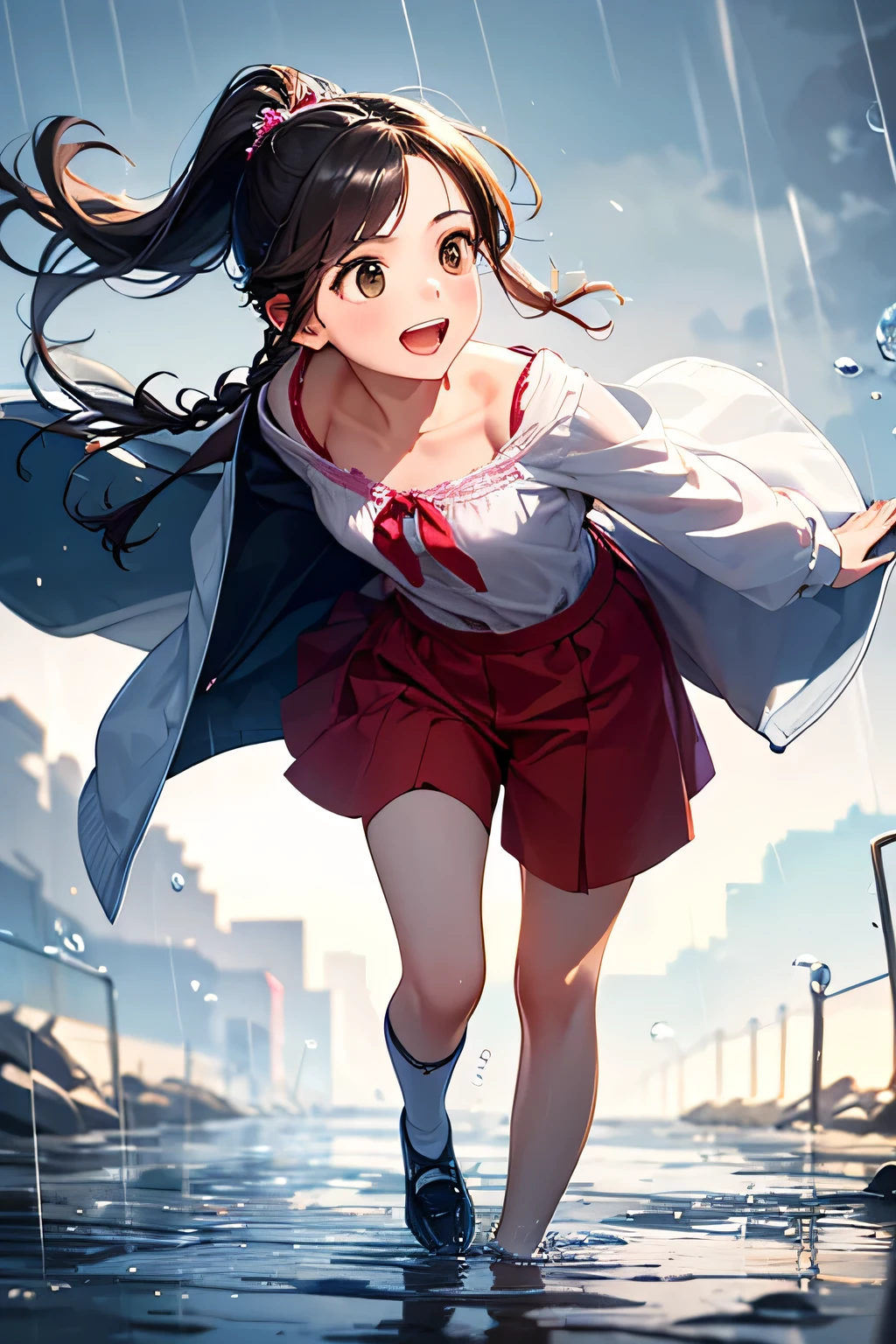 highest quality、High resolution、Detailed Background、(Beautiful face in every detail:1.4)、Teenage beauty、Highly detailed face、Cute hair colour、Braided Ponytail、Braided bob cut、Cute hairstyle、well-groomed eyebrows、Cute gestures、Uplifting、in the rain、
With my hair blowing in the wind and water splashing off the soles of my shoes, I walked forward with a spring in my step.、The girl stops, spreading her arms out to catch the rain.、
Stepping into a puddle while bouncing、
And then we splash and laugh、The girl's shoes are wet and muddy, but she doesn't seem to mind.、There was no one around, and a girl was playing freely in the rain.、Like a little fairy living in nature、The streetlight illuminates the girl、The rain particles reflect the light and sparkle.