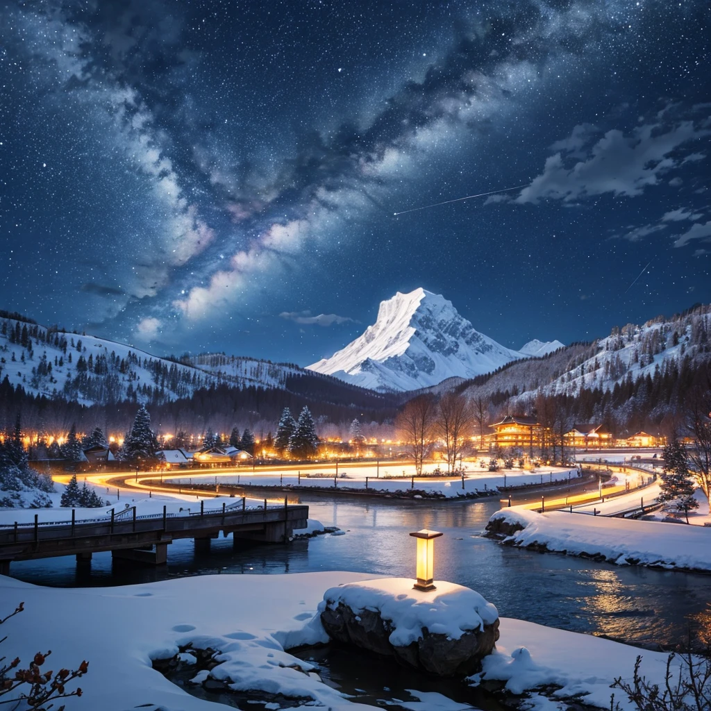Winter Mountain、Night Sky、Lowland city lights by the lake