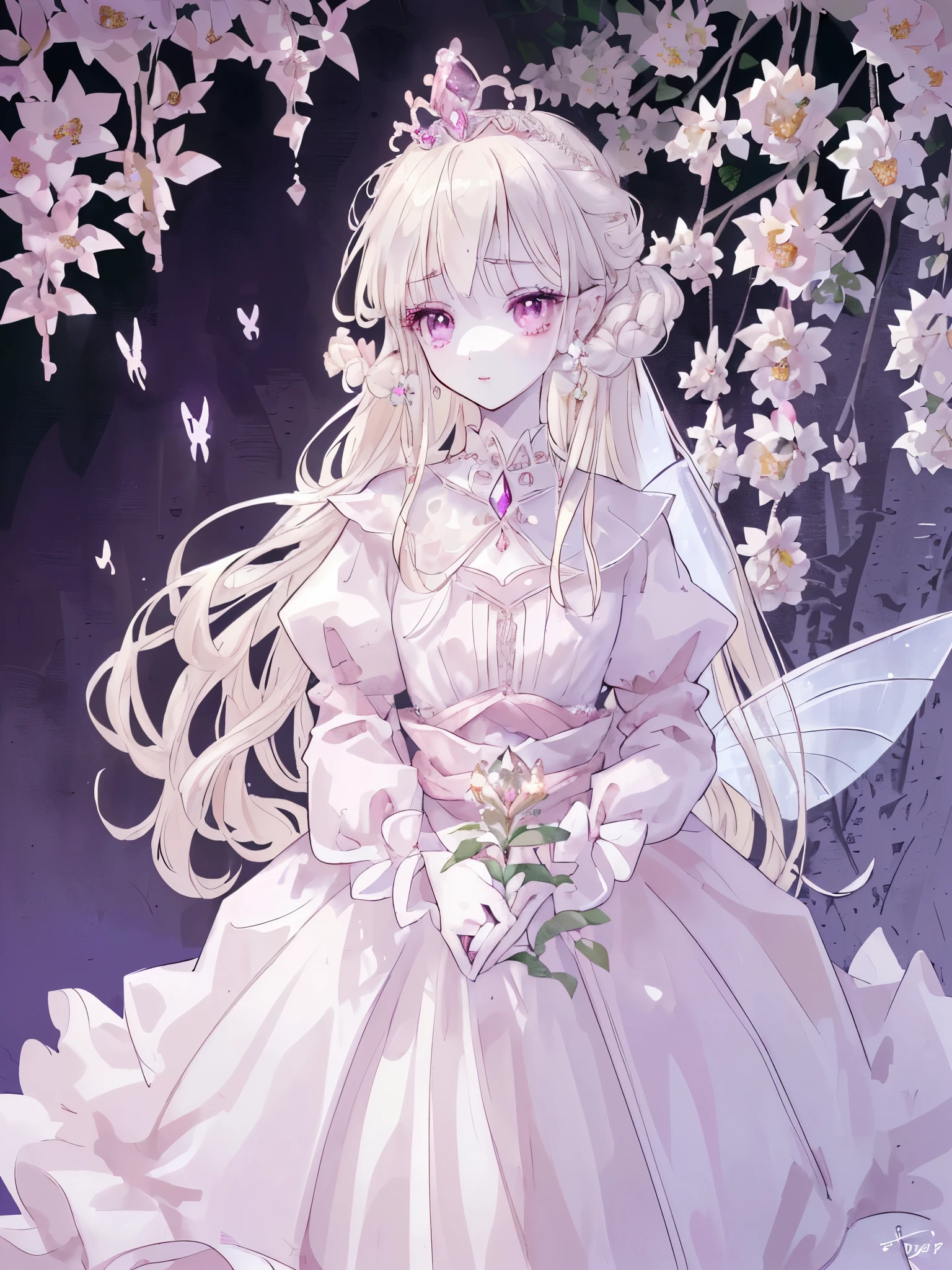 (highest quality, masterpiece, Super detailed, very detailed, exquisite, 16k,Full HD),dramatic lighting, warm lighting, soft lighting, environmental lighting,white background,From above,((head shot)),large amount of flowers,The entire screen is surrounded by flowers,in the forest,(Crystal Forest),(fairy princess, purple eyes, long eyelashes,white skin,slim,Pale pink lip,pale pink cheeks, blonde,thin and long,(thin and high nose,small nose),(From above her waist, a giant fairy wing),diamond tiara,diamond earrings,Diamond Choker,white ball gown dress with diamonds, lace and ruffles, (fantasy, romantic atmosphere), magic light,
