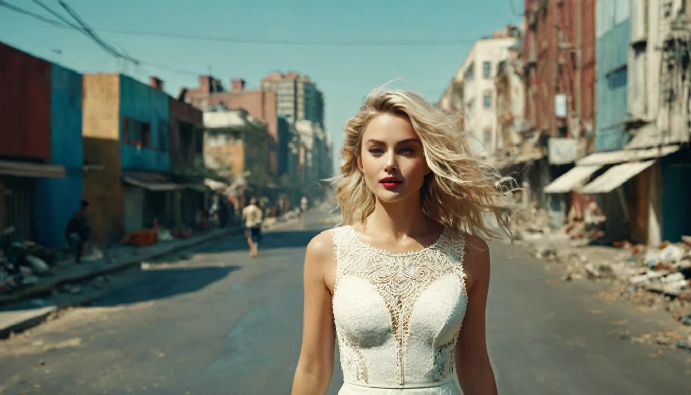 high angle camera view from above, cinematic wide angle full body shot of a short white dressed stylish european long blonde wavy haired woman walks down a street of a cyberpunk megacity at daytime after a nuclear war in a futuristic Dystopian city. Happy smiling face. Blue sky and the sun shines. Consistent structure and movement of the character, static 3D environment, consistent structure of the buildings. Both sides of the pedestrian street are very full of garbage, with overturned bins full of waste that have not been emptied for weeks. some people walking in the background. Garbage mounds towers in front of the houses. Filthy dump on the street all around. Dystopian megacity, Chaotic, end of the world atmosphere. Dirt and filth is everywhere. She wears a short two piece white silk lace dress. She has stylish make up and luxury hair style. Highly detailed facial features, full lips, upturned nose, best smile, realistic perfect eyes and face. Photorealistic body and face, highly detailed shiny hair and skin. She walks confidently and casually. Sharp focus, depth of field, lifelike textures, best shadows, best quality. Realism, photorealism, hyperrealism, vintage muted color tones, lomochrome, natural lights, cinematic lighting, contrast lighting, best quality, insanely intricate details, hdr, uhd 8k, 35 mm film, analog,((1970s movie style)), retro, vintage color grading,Award - winning photograph, Masterpiece, 16k,hyper detailed,sfumato, chiaroscuro, beautiful woman, perfect face, rule of thirds, highly detailed hair, ((detailed face)), ((detailed facial features)), (finely detailed skin), pale skin, intricate details, amazing fine detail, neutral colors, Soft front light,cinematic lighting, dramatic lighting,dappled light on face, backlight on hair, sharp focus, wide angle, film grain, dslr, raw photo, photographed on Nikon
