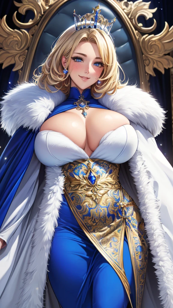 (UHD, retina, masterpiece, Accurate, anatomically correct, rough skin, Super detailed, advanced details, high quality, 最high quality, High resolution, 1080P, HD, 4K, 8K, 16k), (beautiful and fine eyes, beautiful detailed lips, highly detailed eyes and face), studio lighting, Physically based rendering, Bright colors, (big breasts, super big breasts, super extra big breasts, glamorous body), (crown, luxurious royal blue cloak, white fur, gem, ornaments, royal coat of arms, take the scepter:1.5), (portrait, blonde hair, shiny hair, shiny skin), (Bokeh), (tilt your head to the side:1.5), eye reflection, (blush, smile, cowboy shot, from below:1.5),