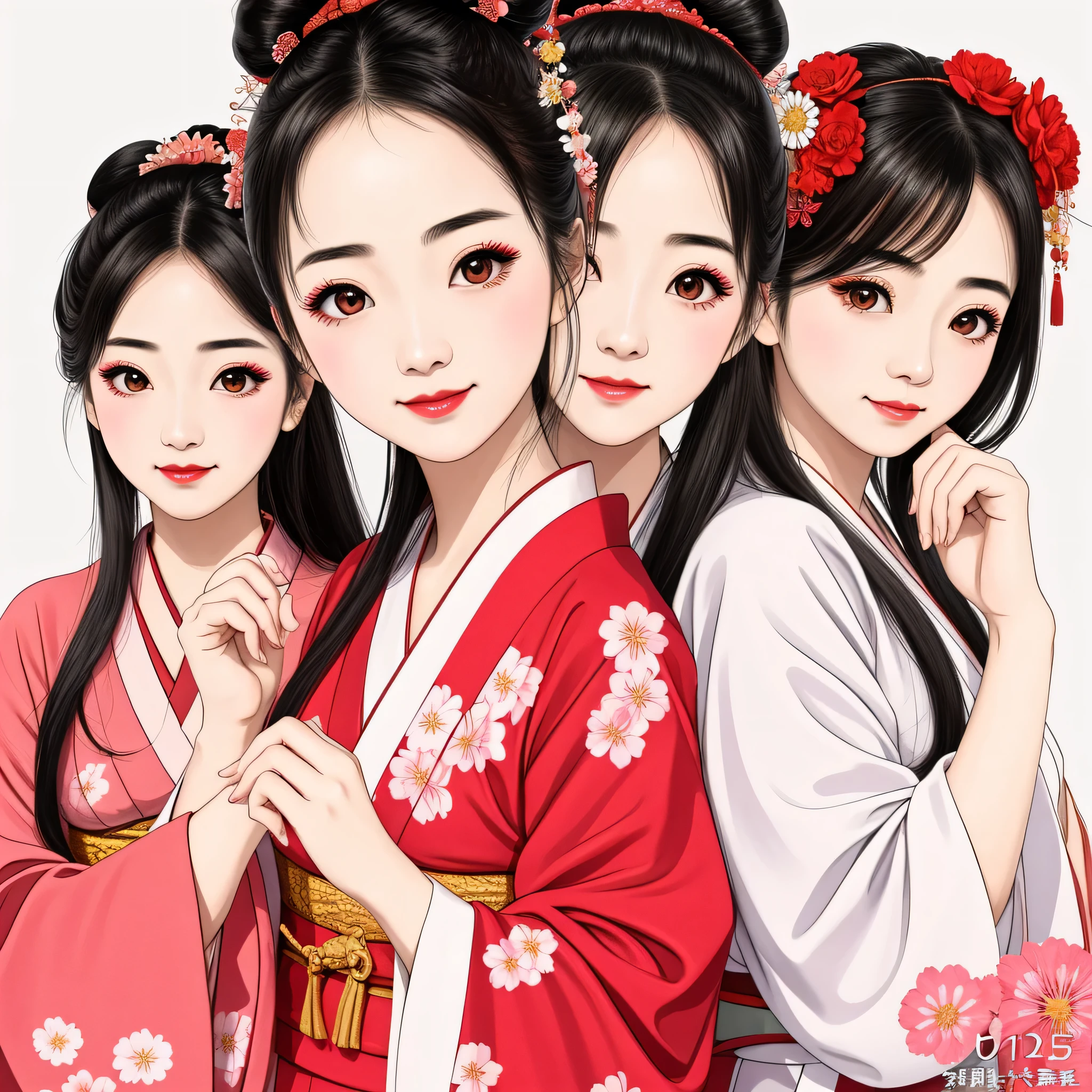 7 sisters, 7 girls with different faces and expressions, dancing gracefully, small faces, top quality, masterpieces, black hair, bun hair, wide angle, diagonally above the waist, magazine cover pose, 8K high resolution, Masterpiece, high resolution, realistic and beautiful light and shadow, top quality, high resolution, very delicate and beautiful, beautiful 8K face, smile and smile. Seven beautiful Japanese girls with eyes, transparent skin, soft hair, eight heads, Japanese style kimonos with red, pink and orange floral patterns on a white background, yukatas, small faces, thin and small noses, red lipstick , glossy skin, very thin eyebrows, overall super high resolution, Maiko-style makeup, fair skin, long and beautiful eyelashes, glossy skin, red cheeks, holding a flower hat prop in one hand, dance, Kasa Odori, Kasanihi Odori, Japan Dance, festival, movie poster style